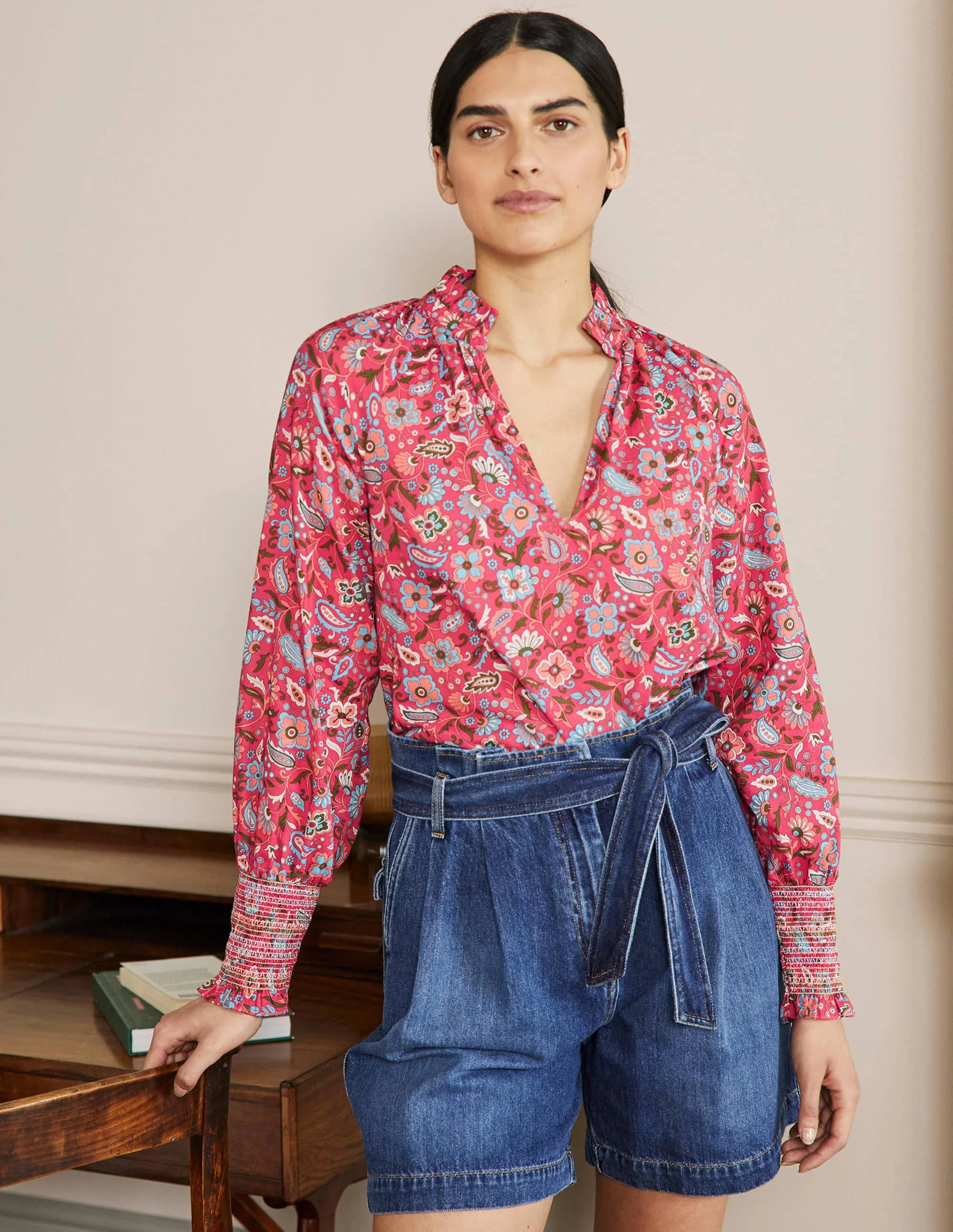Smocked Cuff Printed Top-Radish, Oriental Paradise