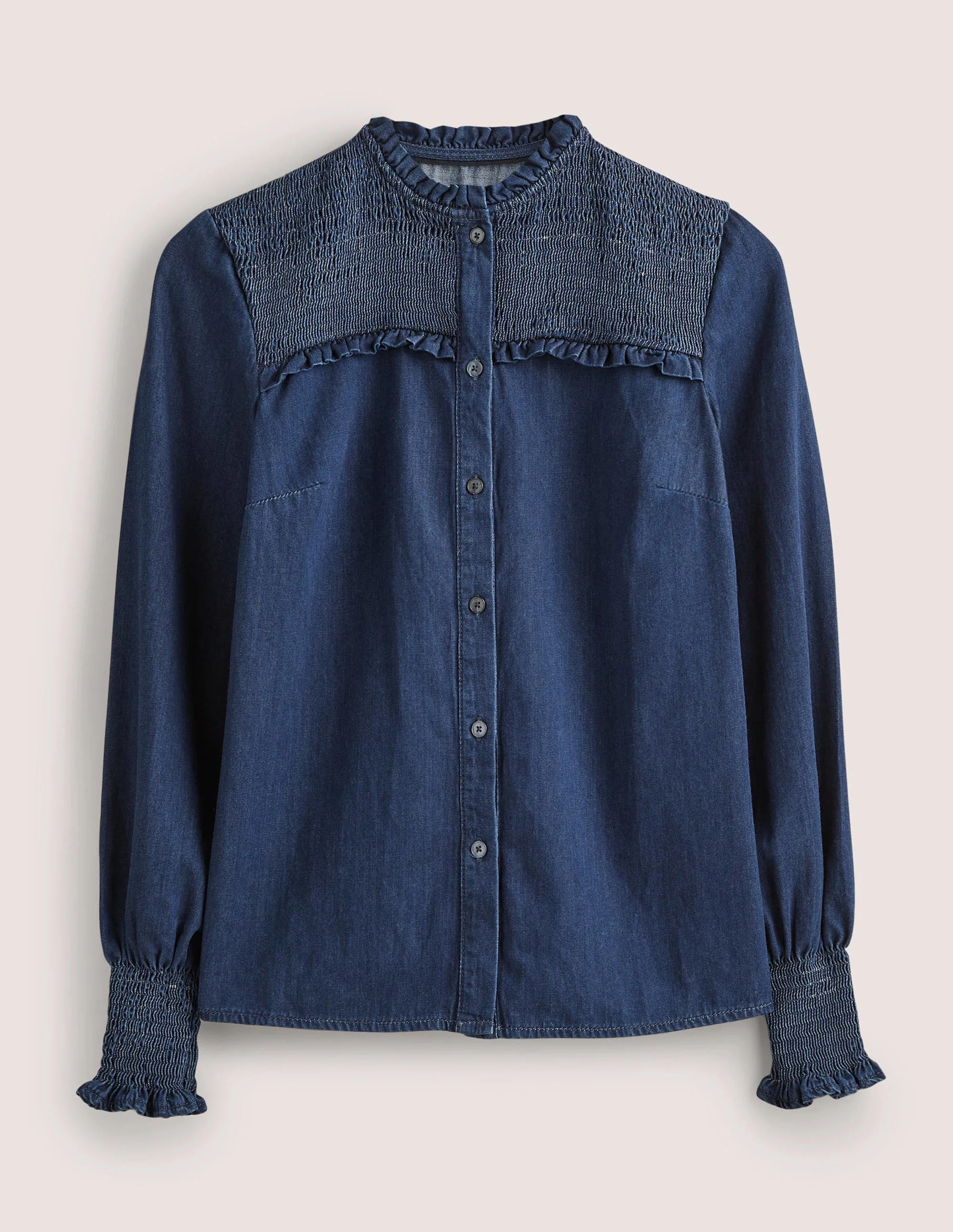 Smocked High Neck Shirt-Denim - Image 6
