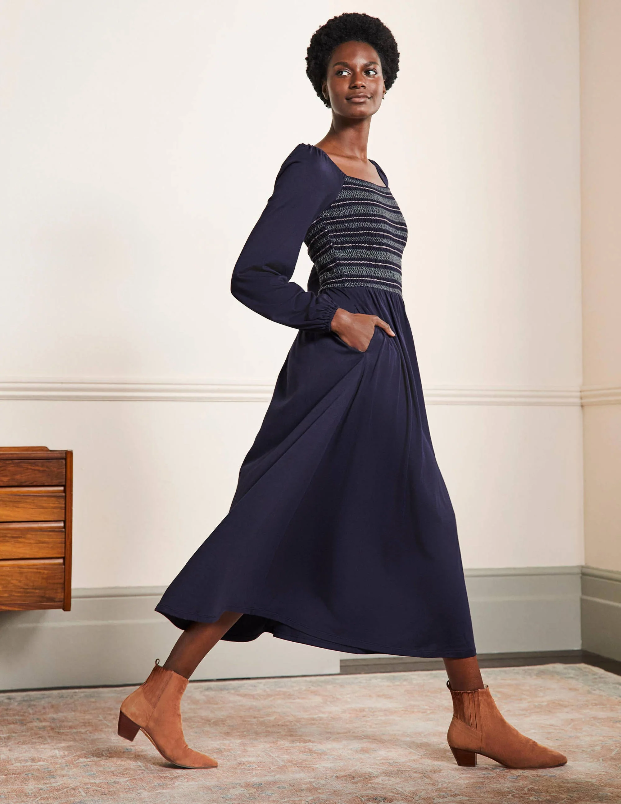 Smocked Jersey Midi Dress-Navy
