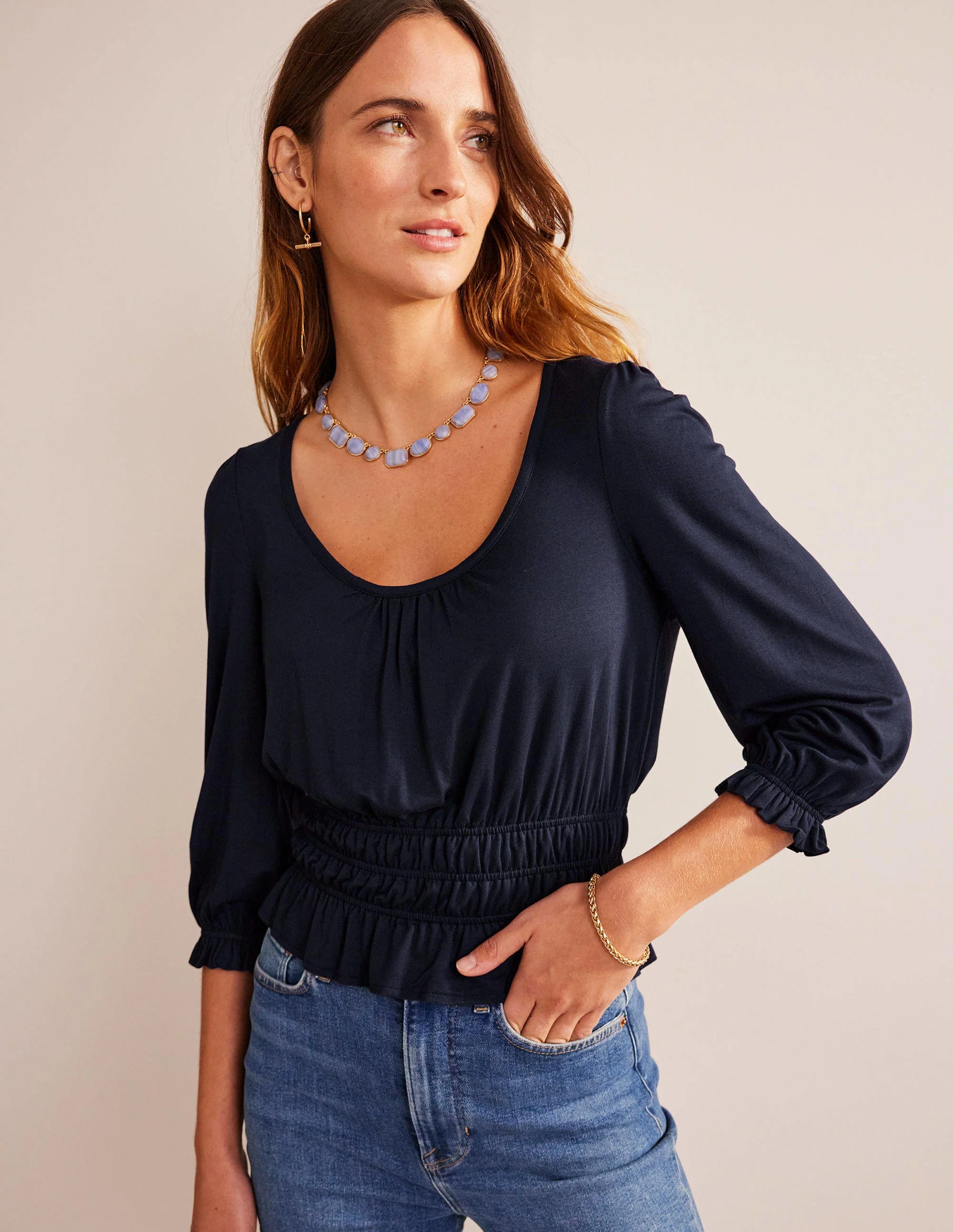 Smocked Jersey Peplum Top-Navy - Image 4