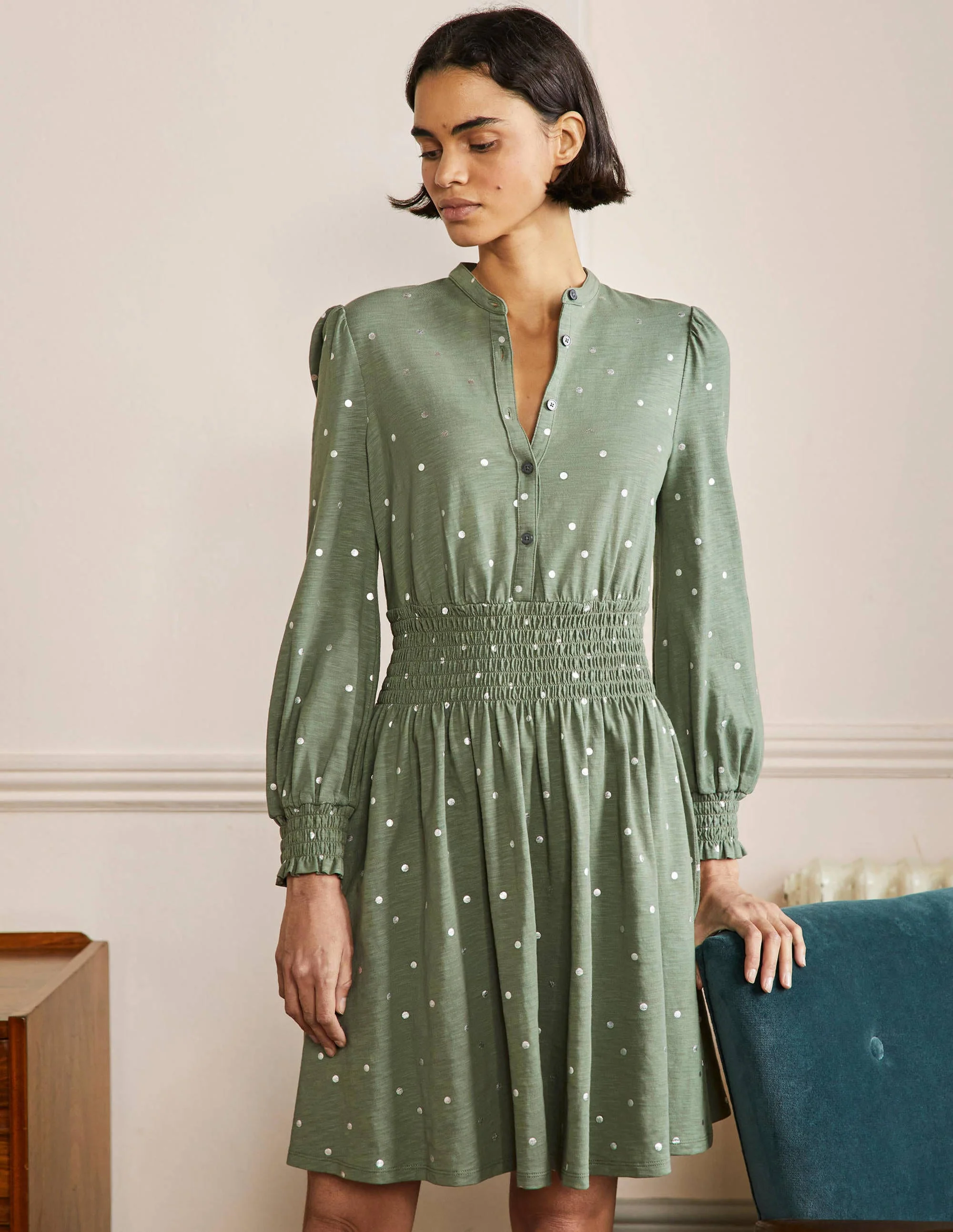 Smocked Jersey Shirt Dress-Alder, Spot