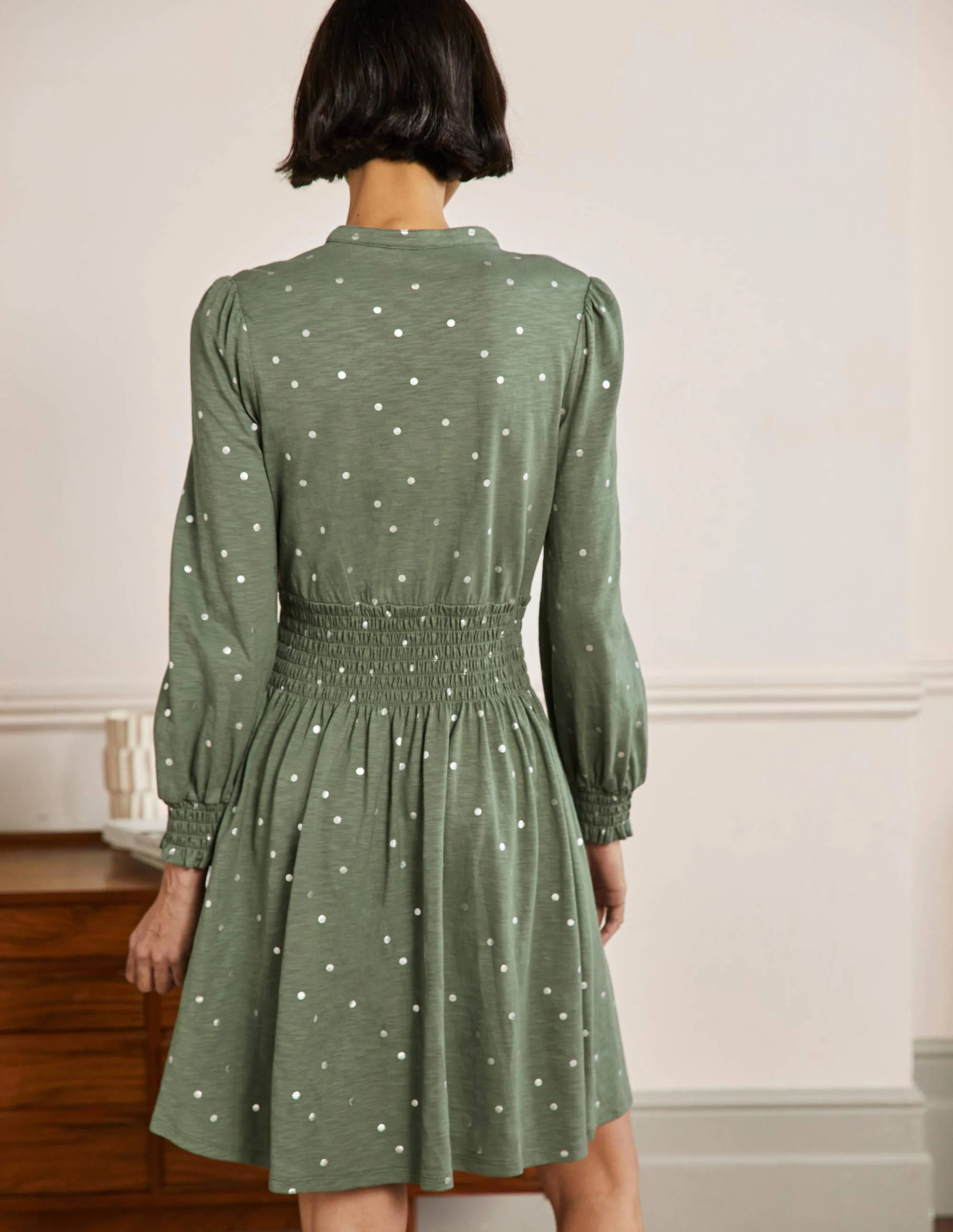 Smocked Jersey Shirt Dress-Alder, Spot - Image 3