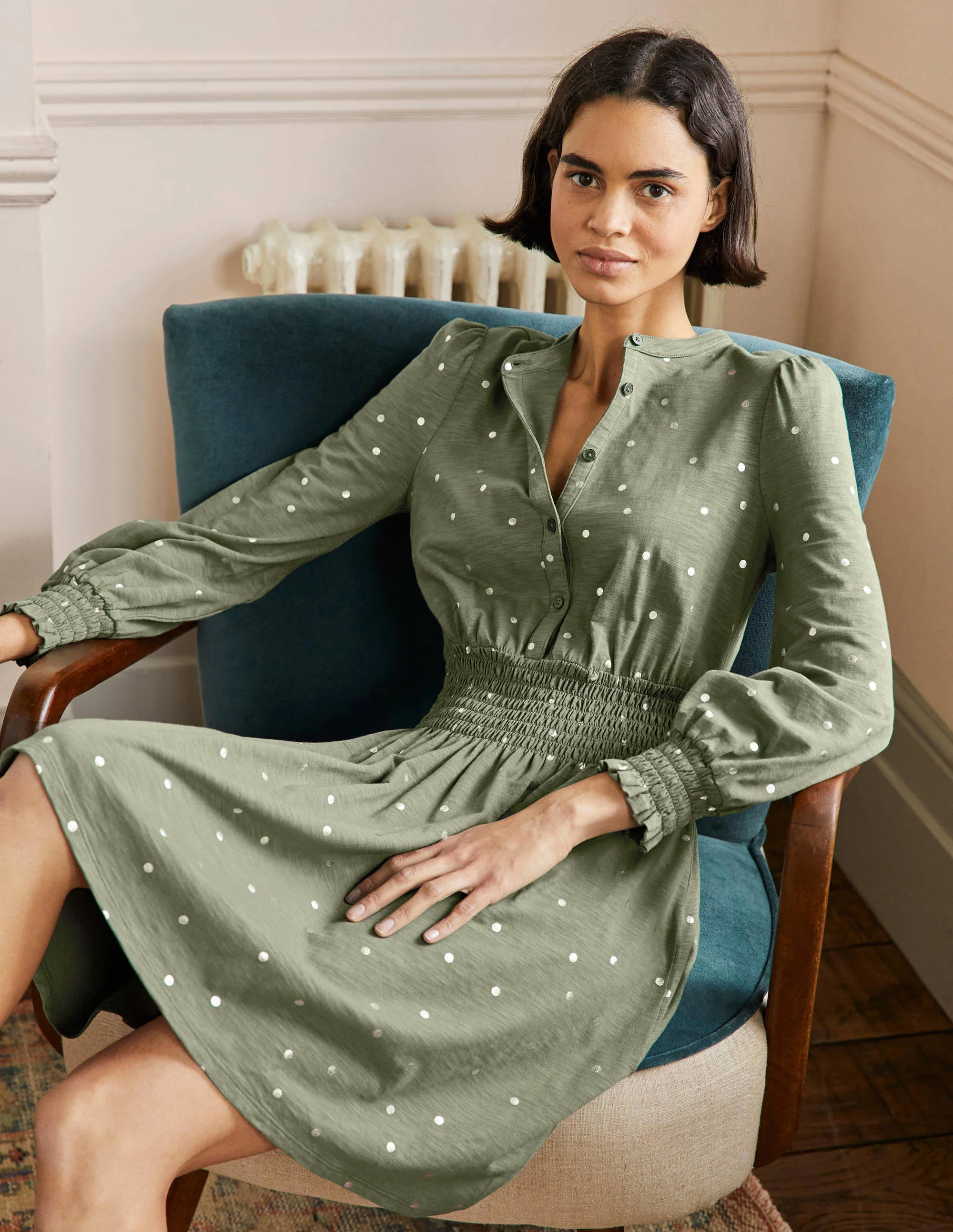 Smocked Jersey Shirt Dress-Alder, Spot - Image 4