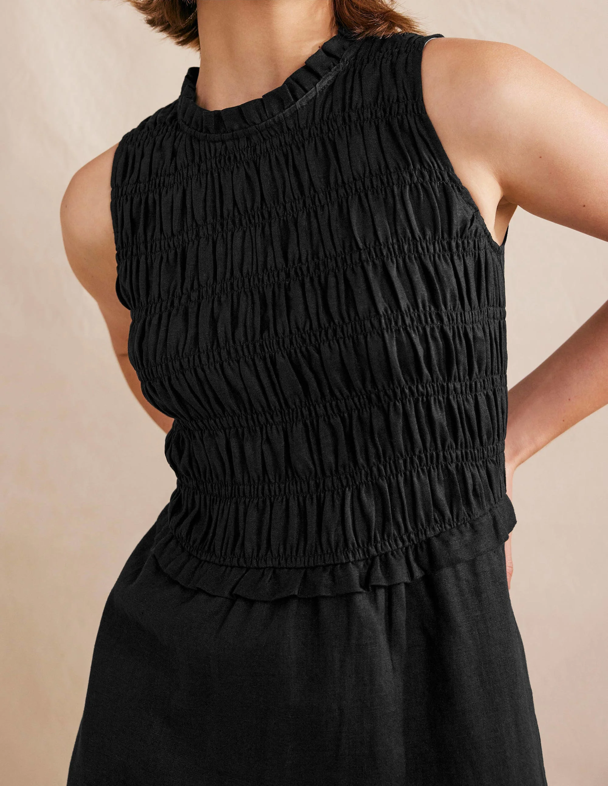 Smocked Linen Midi Dress-Black - Image 2