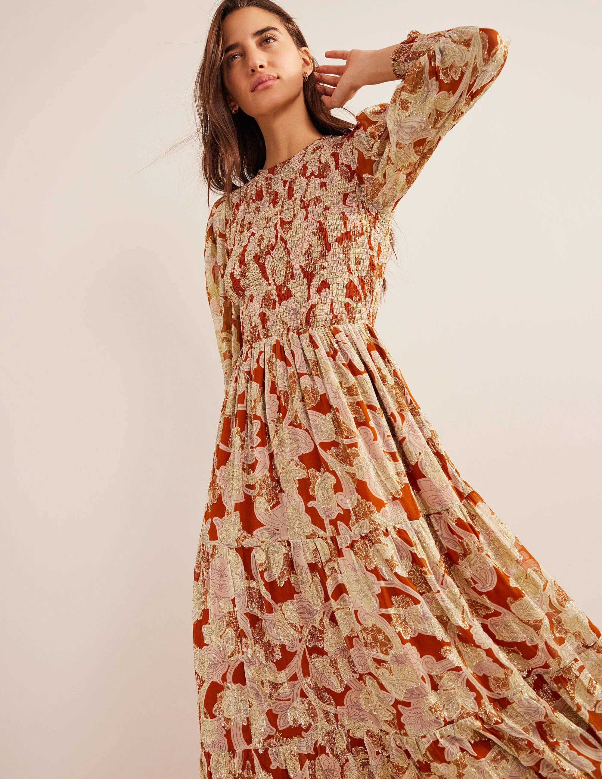Smocked Metallic Maxi Dress-Rust, Paisley Whirl