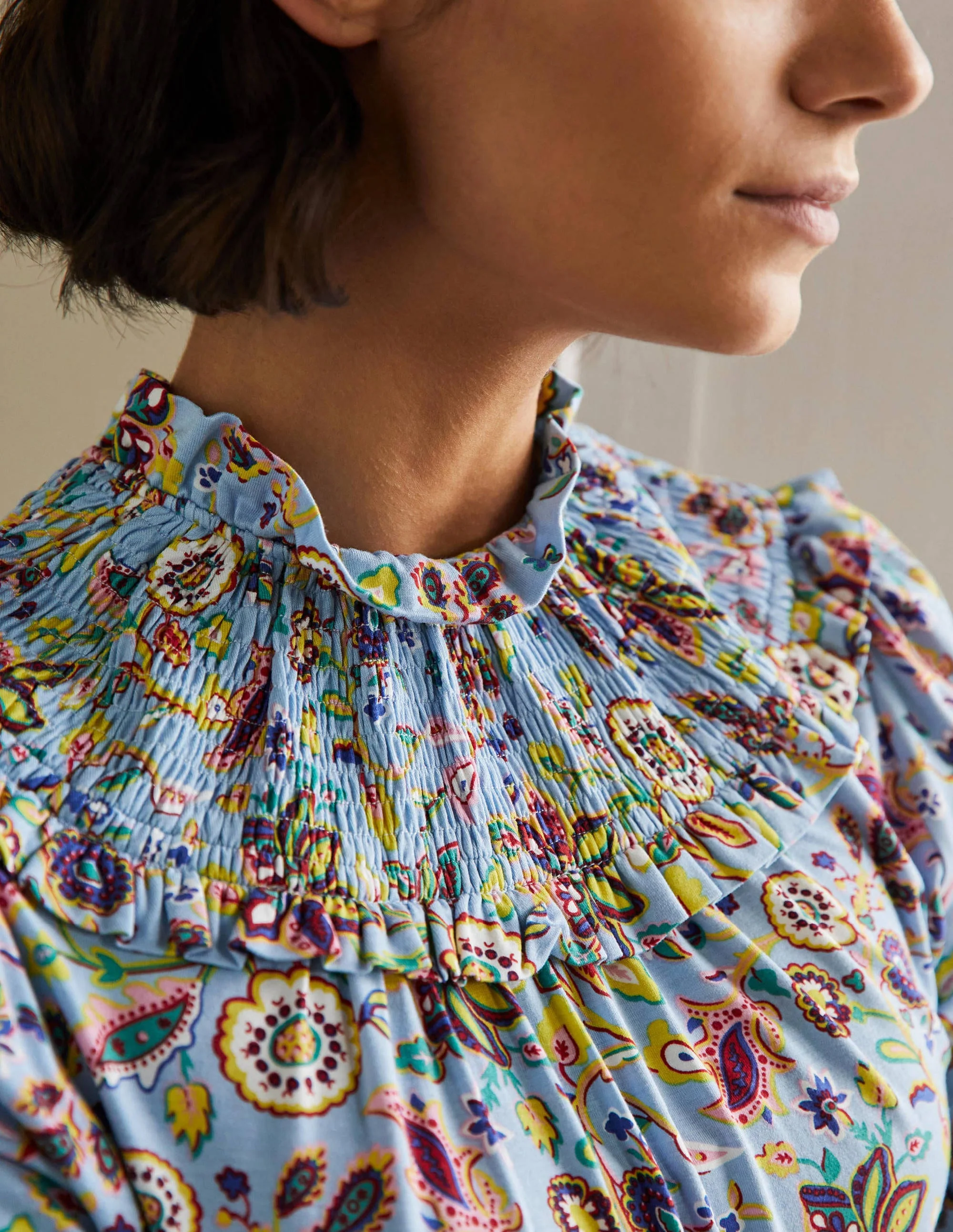 Smocked Neck Jersey Top-Dusty Blue, Opulent Paradise - Image 2