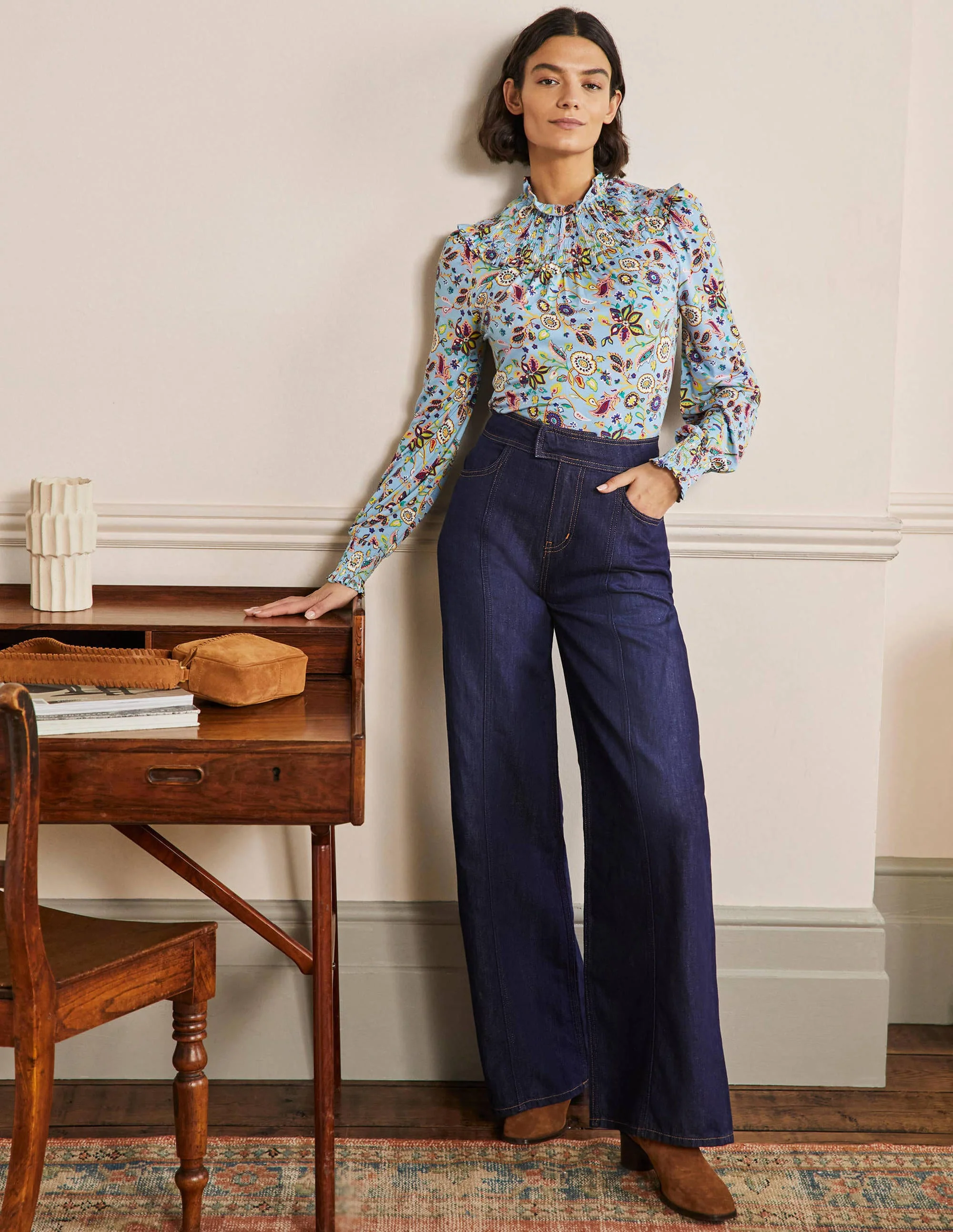 Smocked Neck Jersey Top-Dusty Blue, Opulent Paradise - Image 4