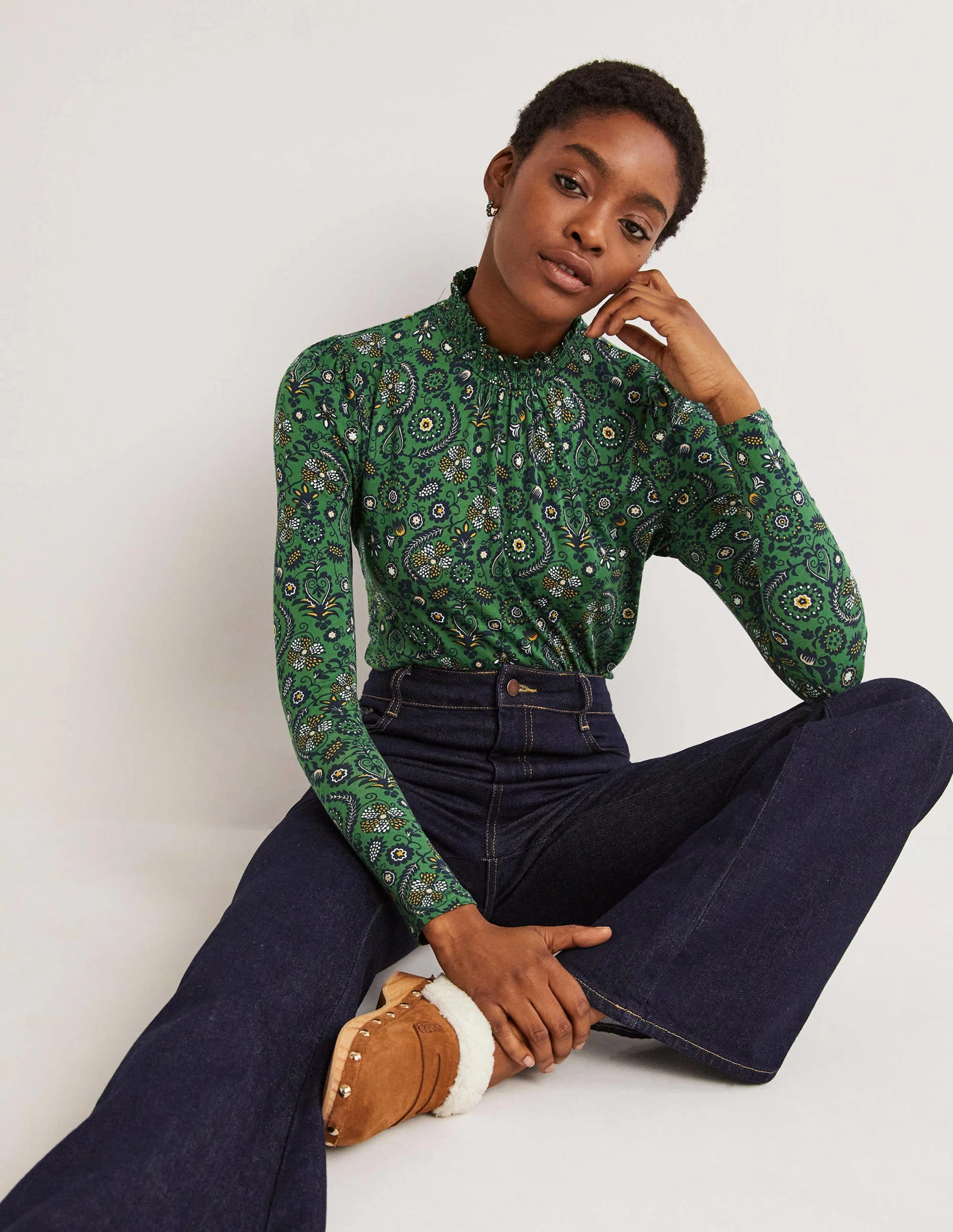 Smocked Neck Printed Top-Broad Bean, Tropic Charm