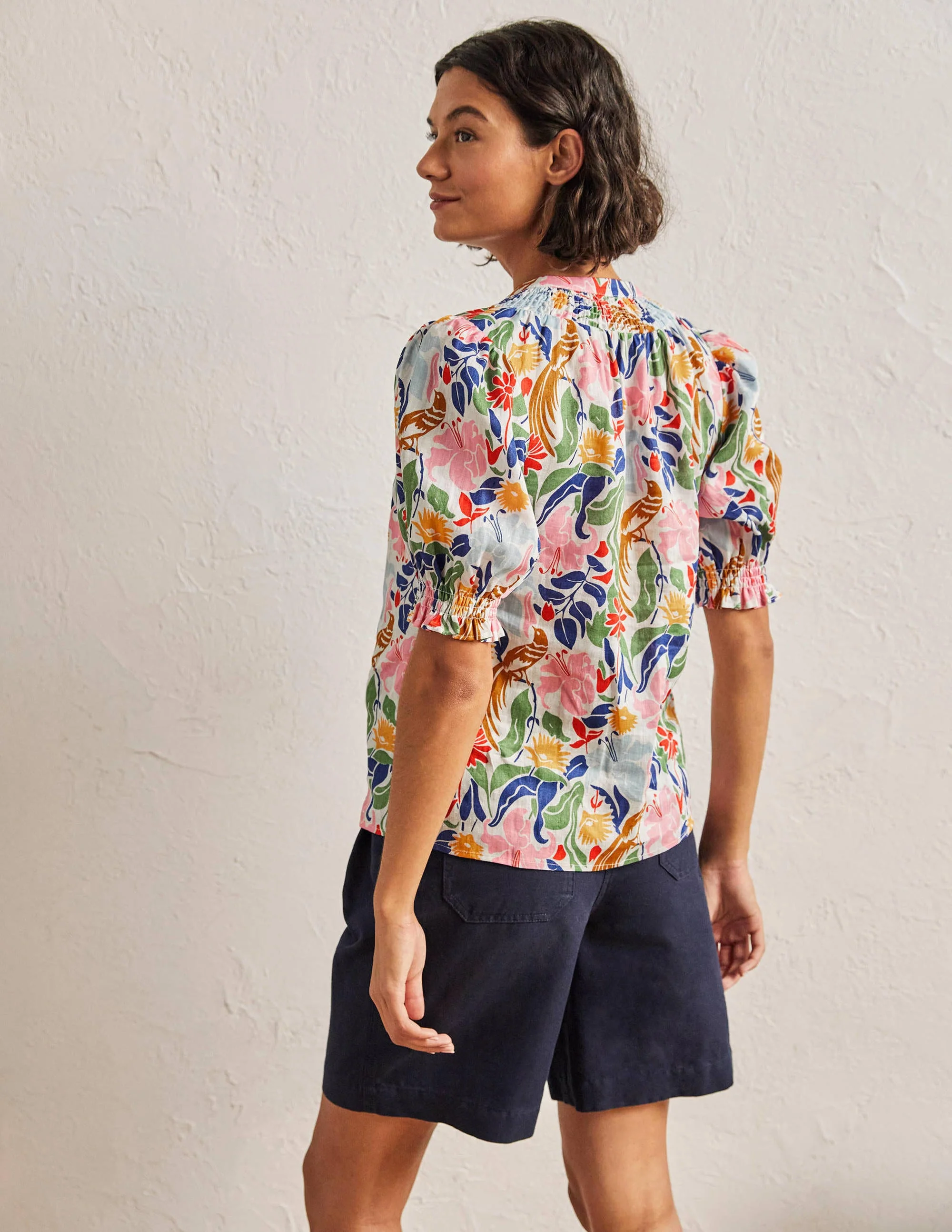 Smocked Short Sleeve Blouse-Ivory, Oriental Bird - Image 3