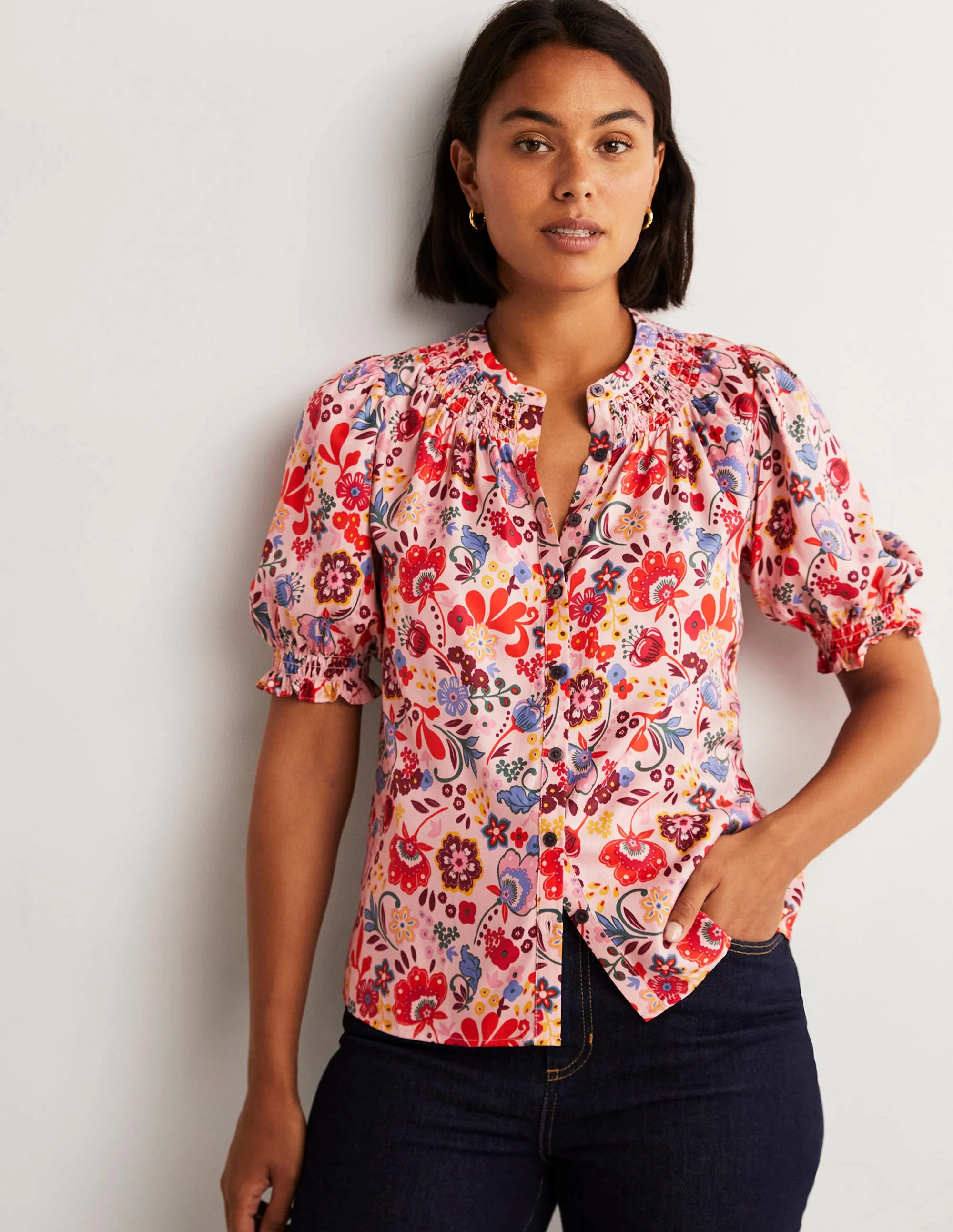 Smocked Silk Blend Blouse-Milkshake, Pretty Paradise