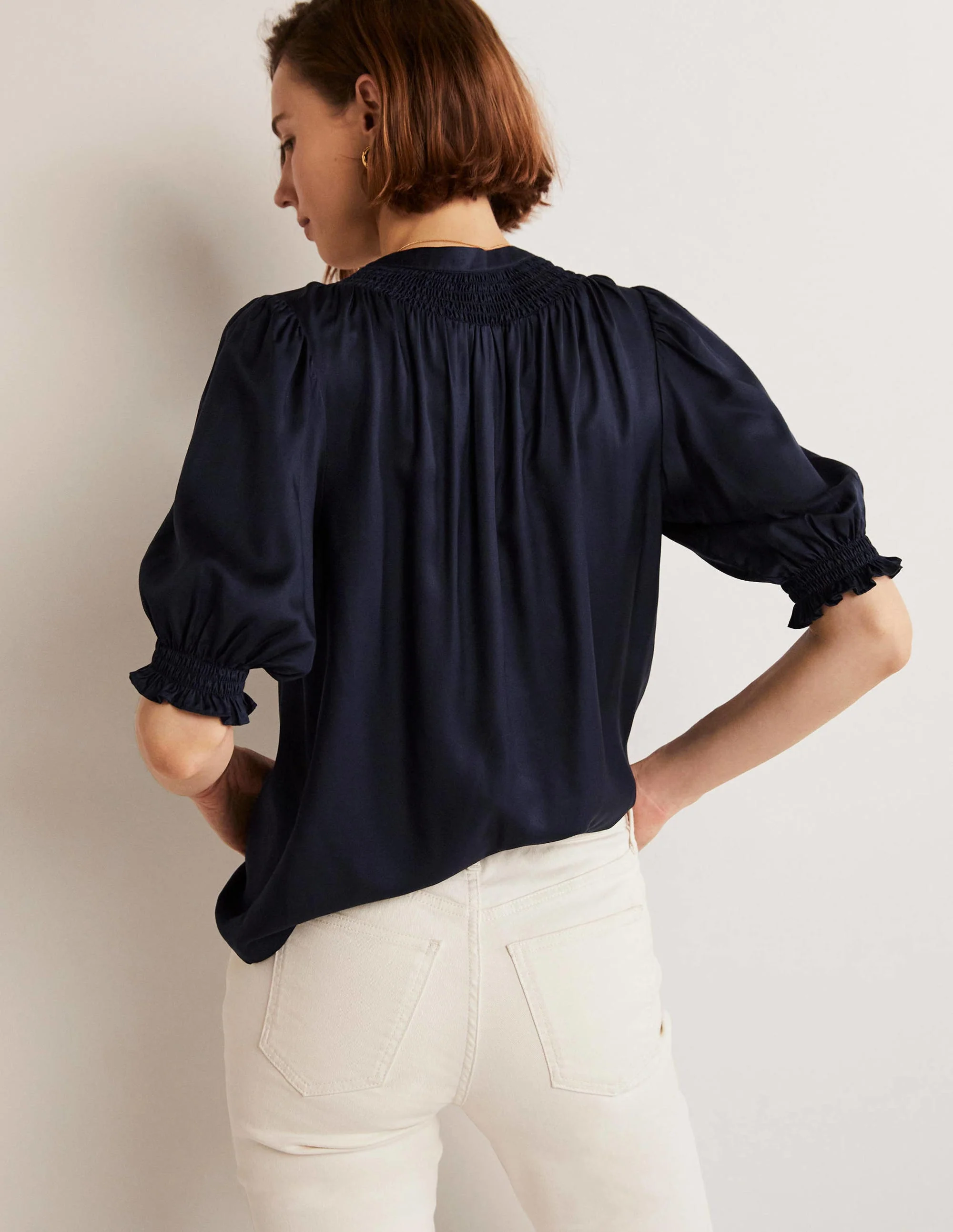 Smocked Silk Blend Blouse-Navy - Image 3