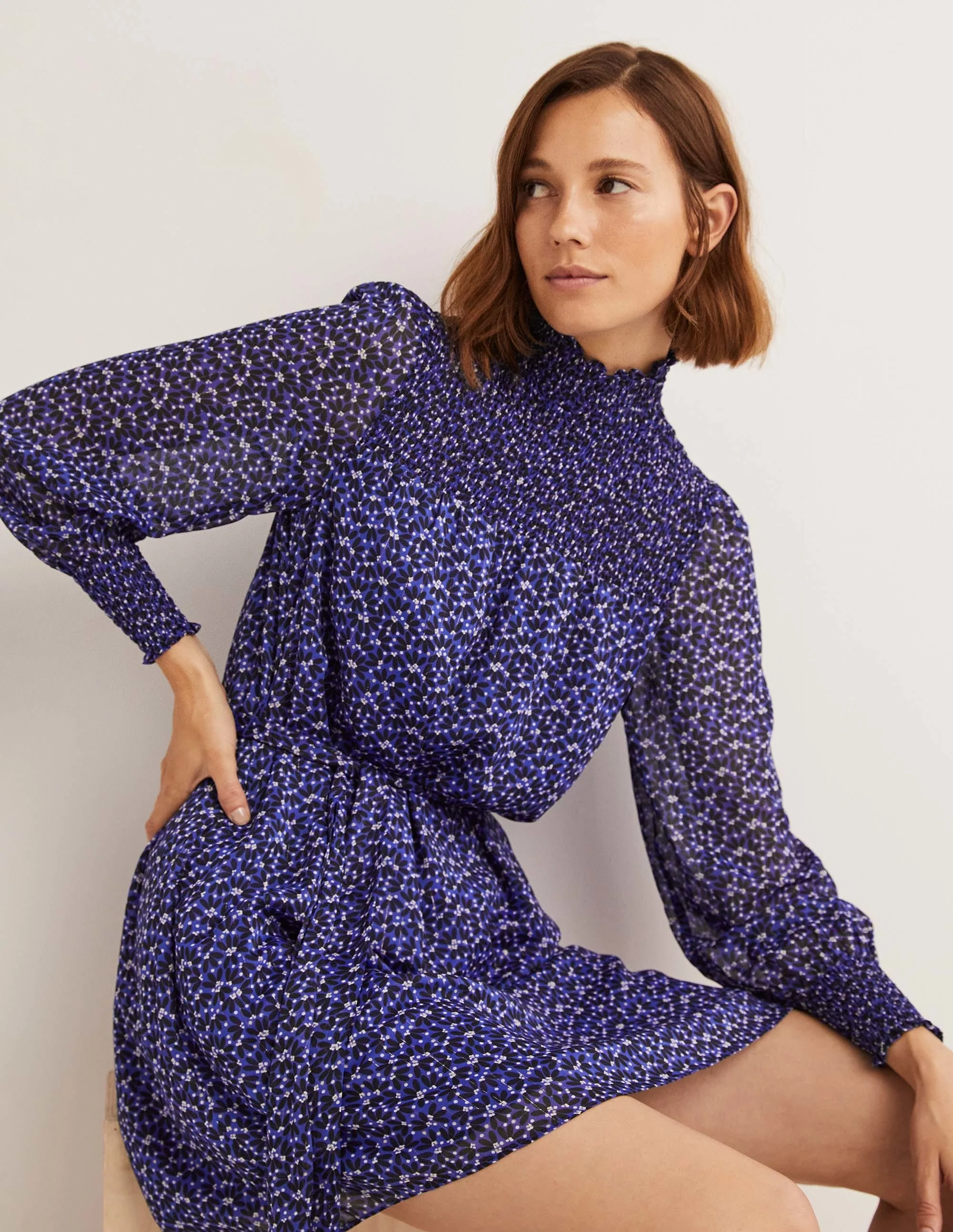 Smocked Yoke Metallic Dress-Bluing, Scatter Petal - Image 4
