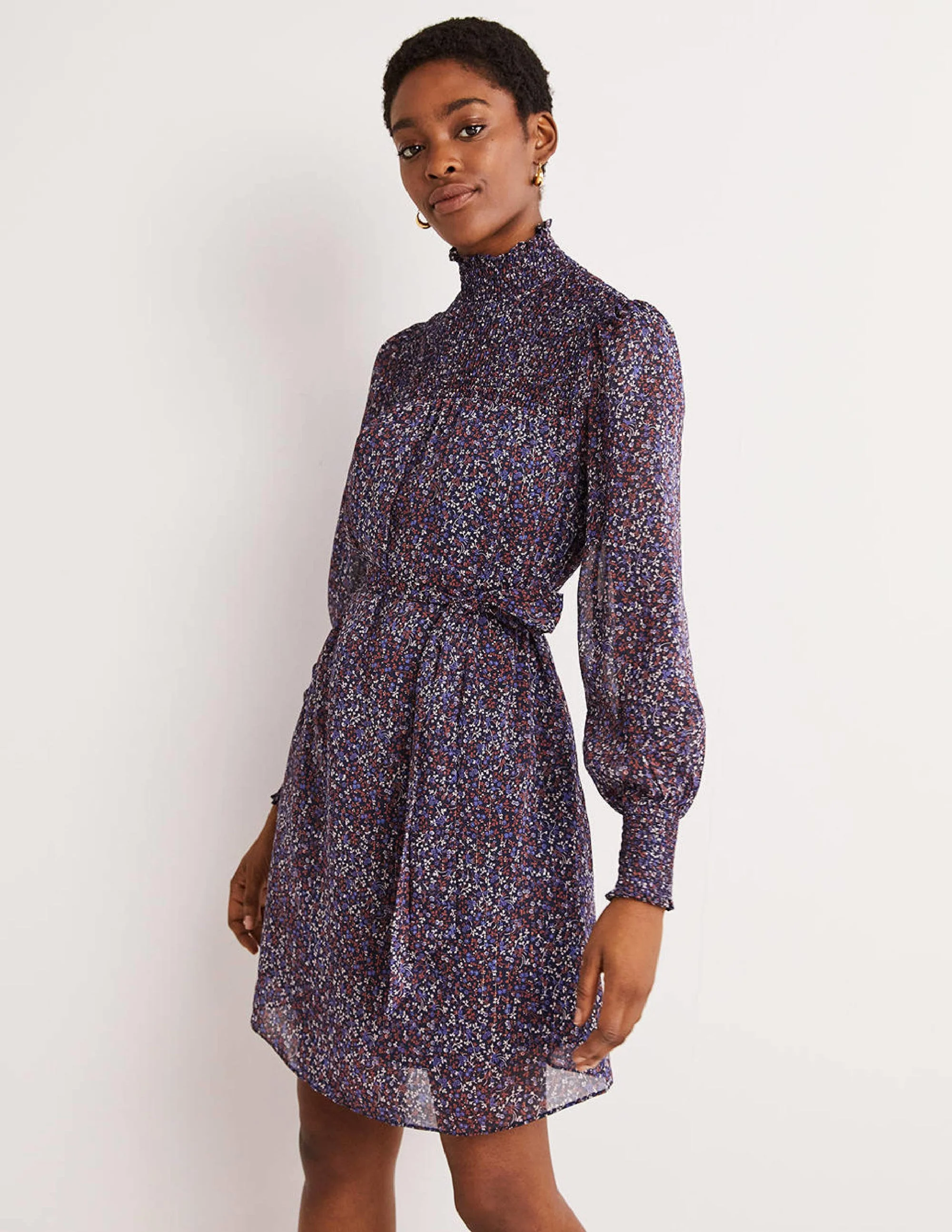 Smocked Yoke Metallic Dress-Navy, Wild Vine - Image 4