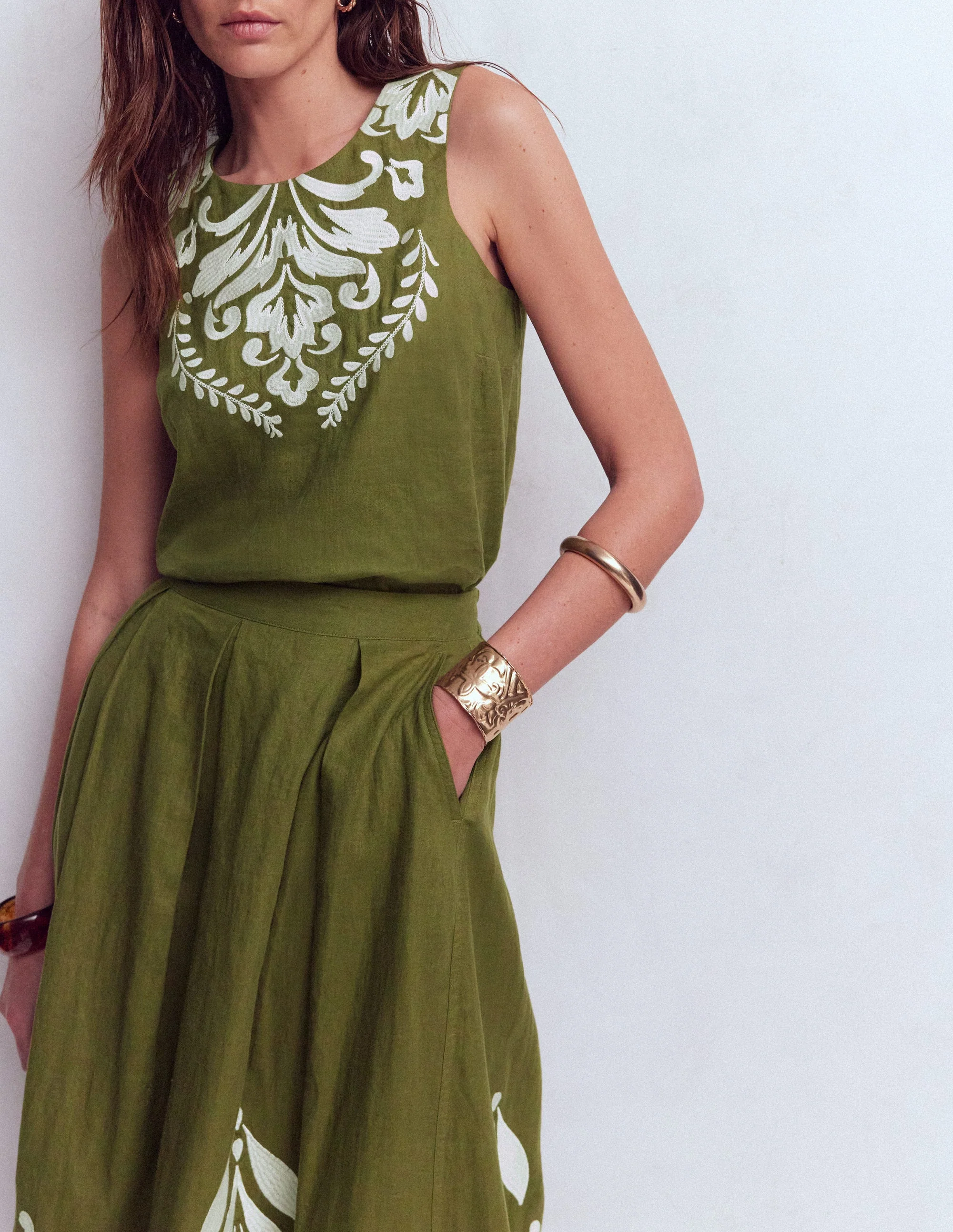 Sofia Embroidered Linen Top-Woodland Green - Image 5