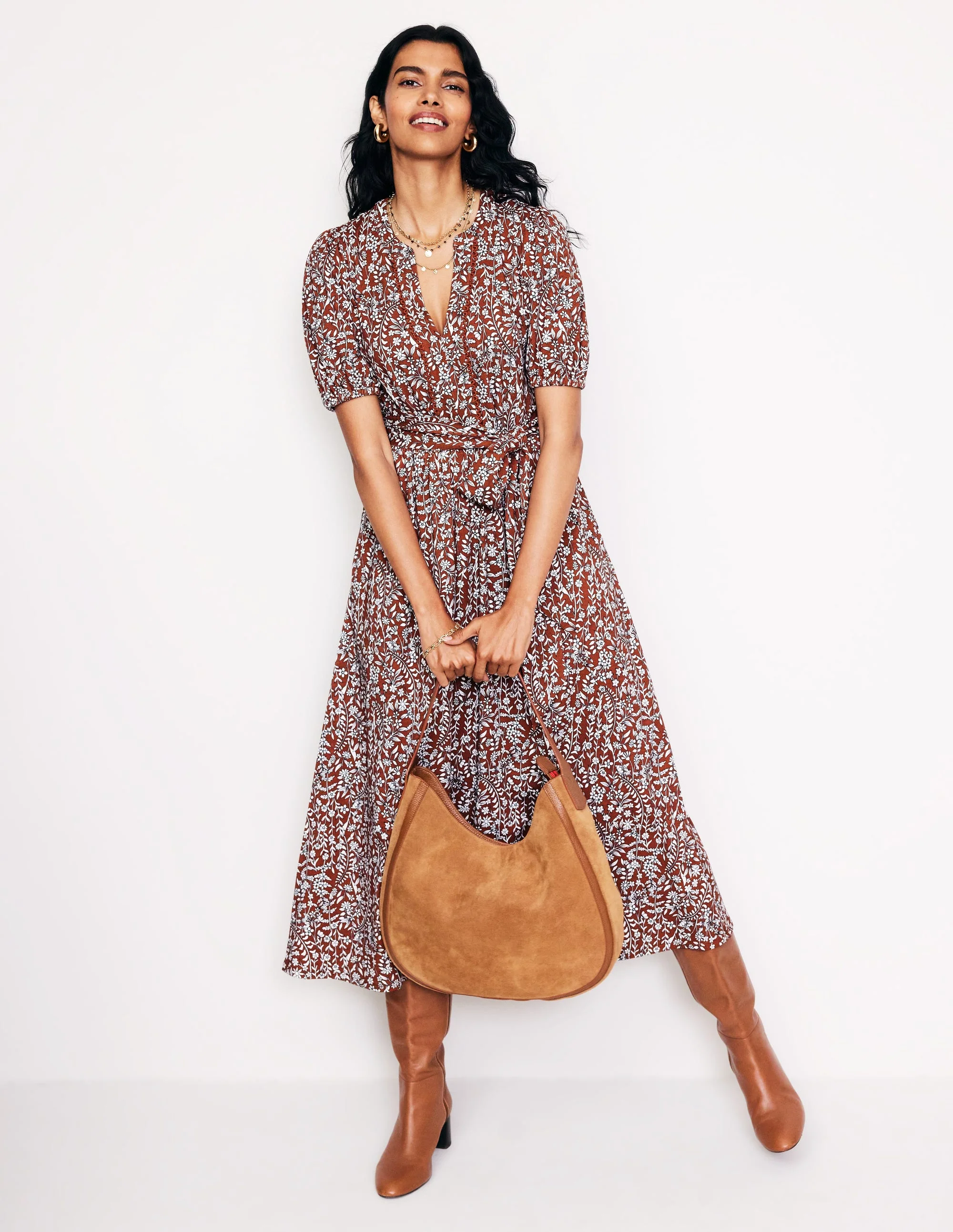 Sofia Trim Jersey Midi Dress-Autumn Brown, Foliage Bud