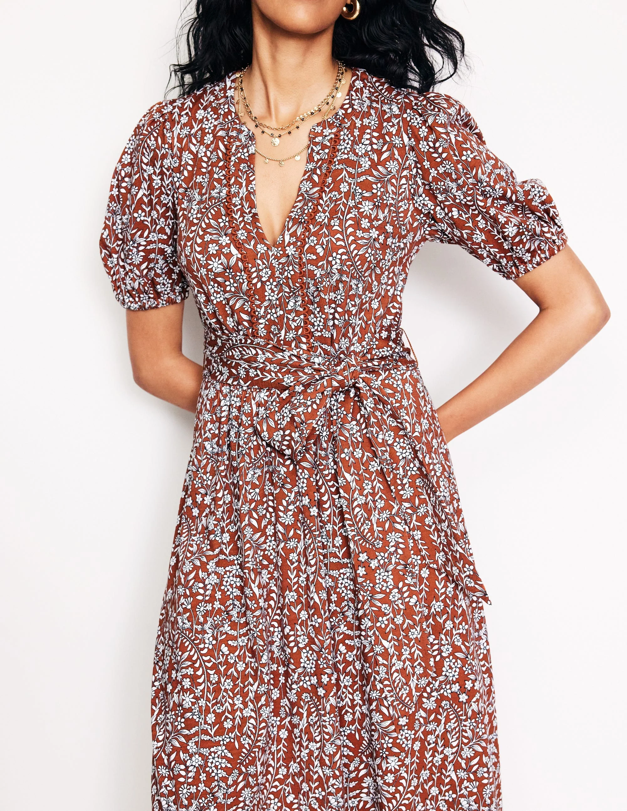 Sofia Trim Jersey Midi Dress-Autumn Brown, Foliage Bud - Image 2