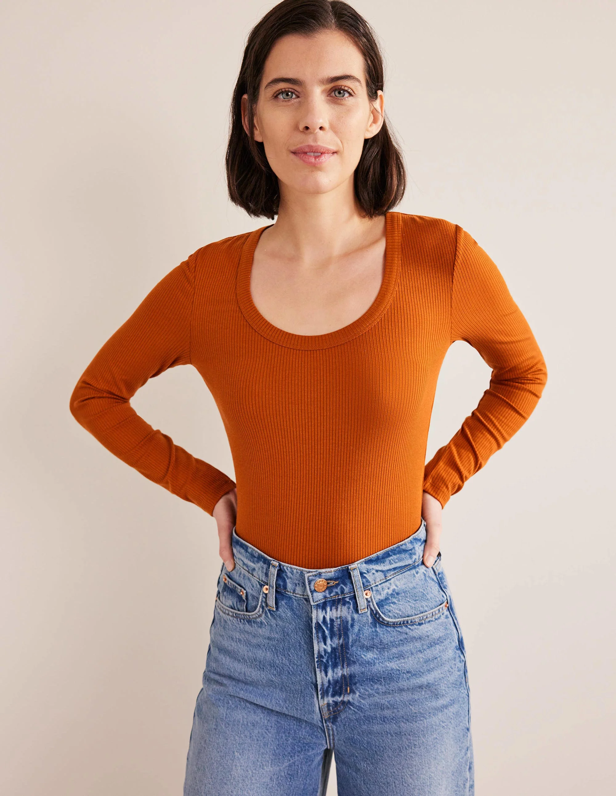 Soft Ribbed Scoop Neck Top-Pumpkin