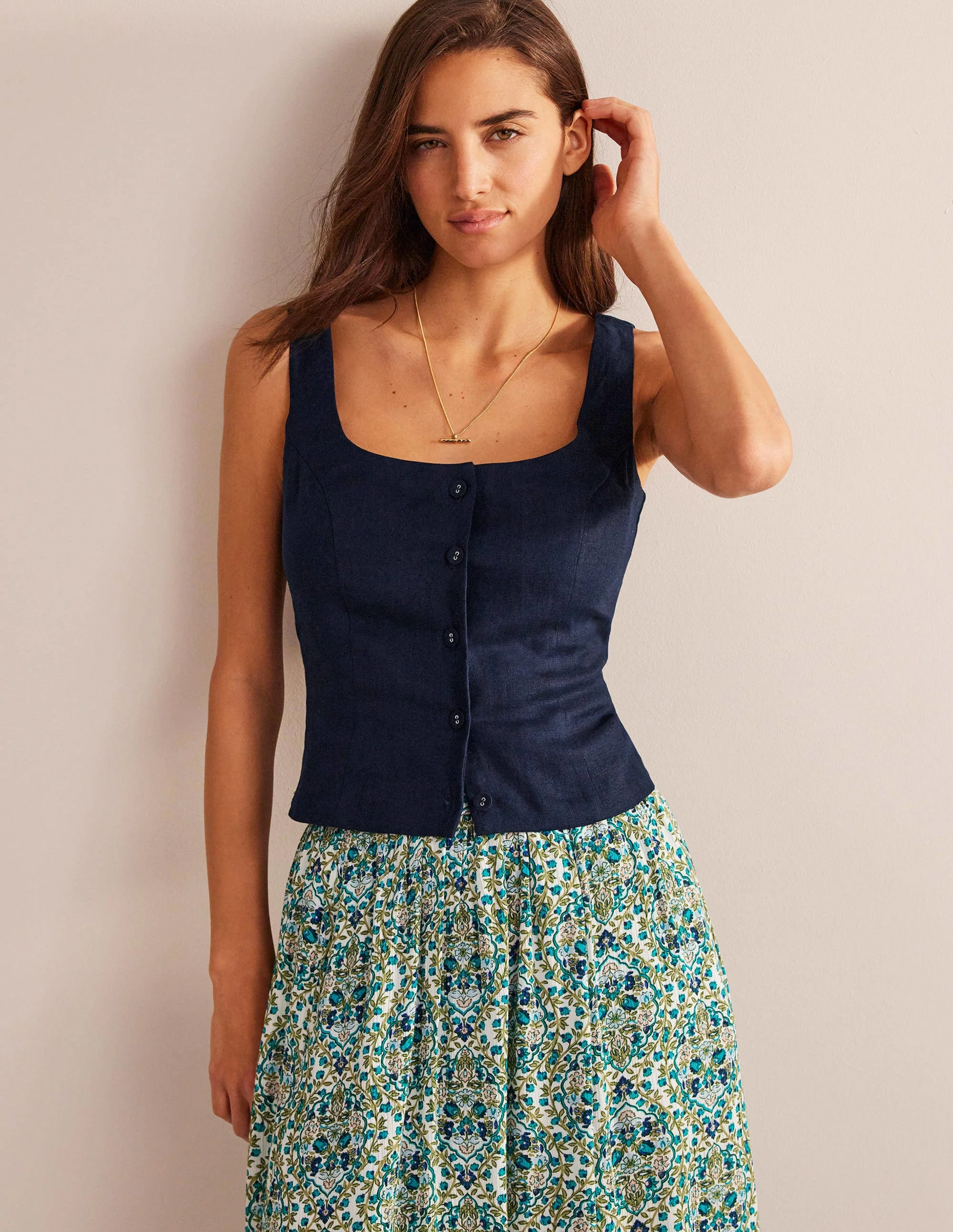Square Neck Button Top-Navy - Image 4