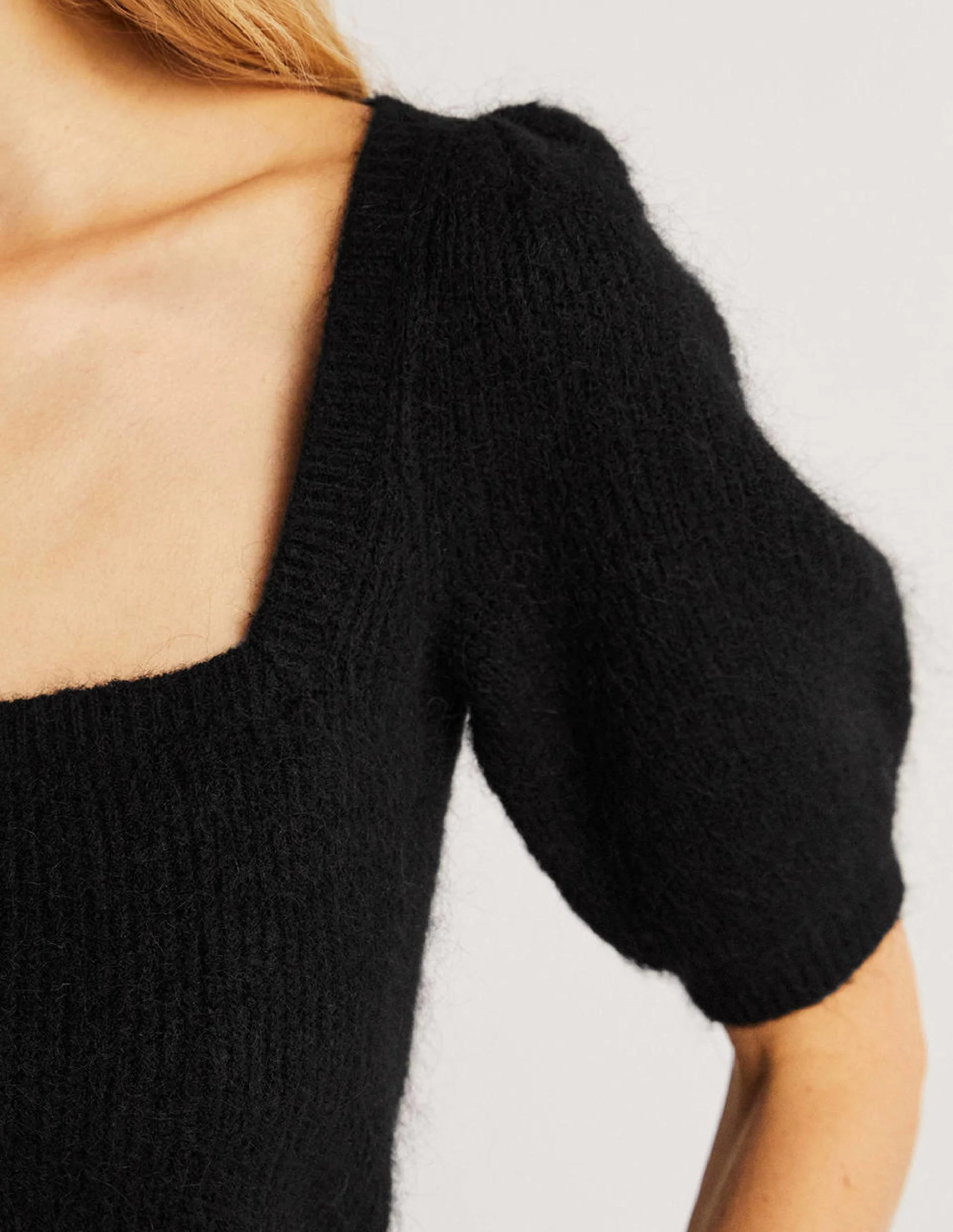 Square Neck Fluffy Sweater-Black - Image 2
