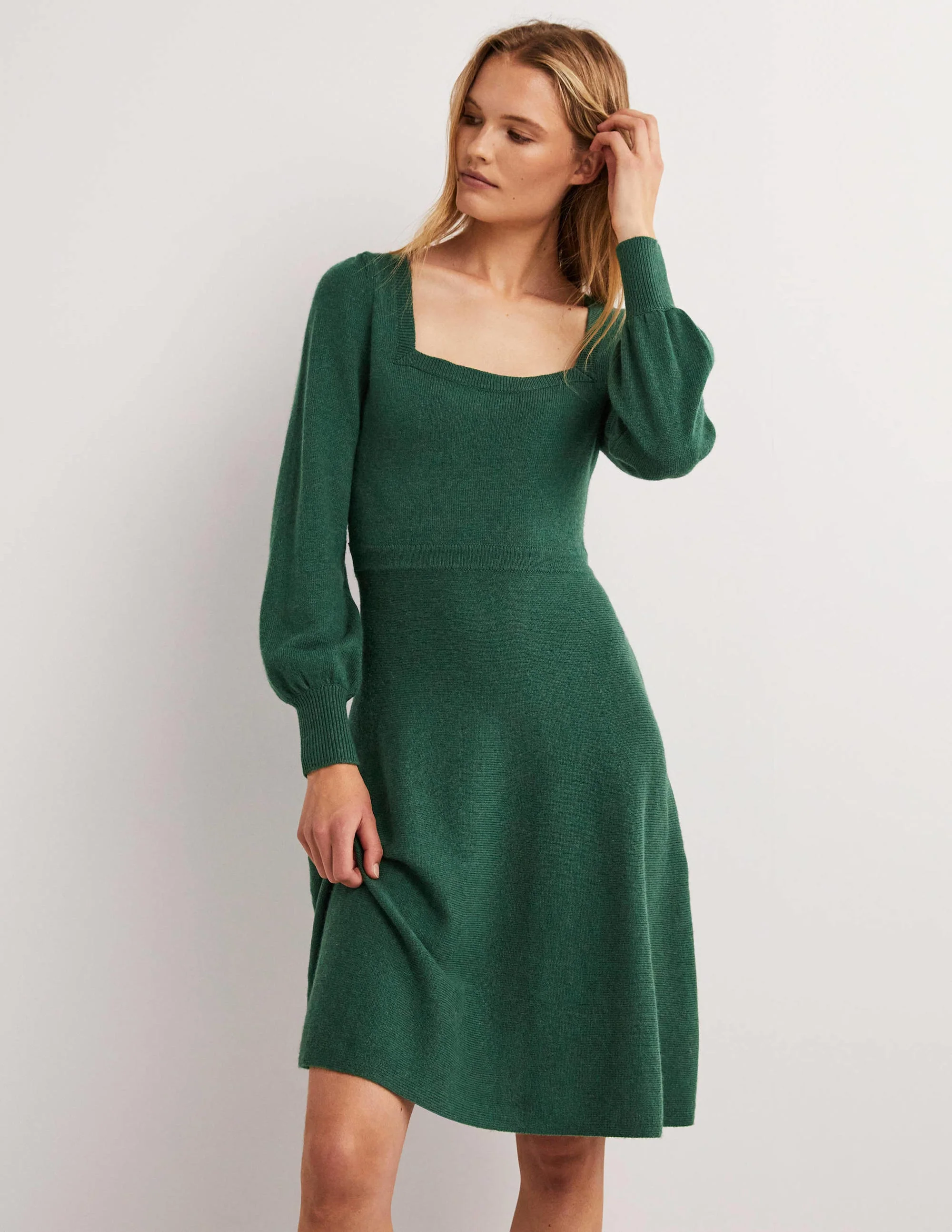 Square Neck Knitted Dress-Trekking Green