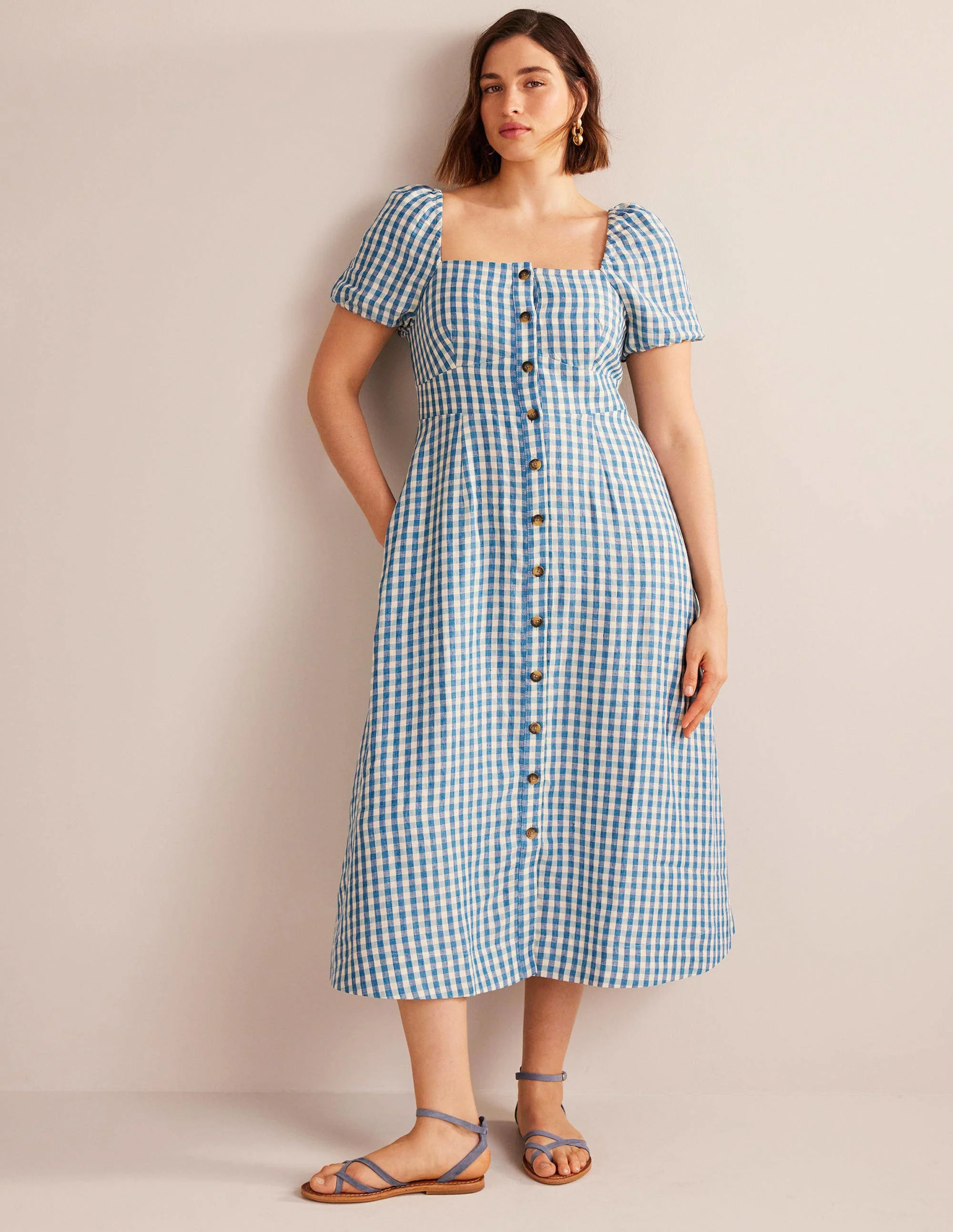 Square Neck Linen Midi Dress-Delphinium Blue, Gingham - Image 5