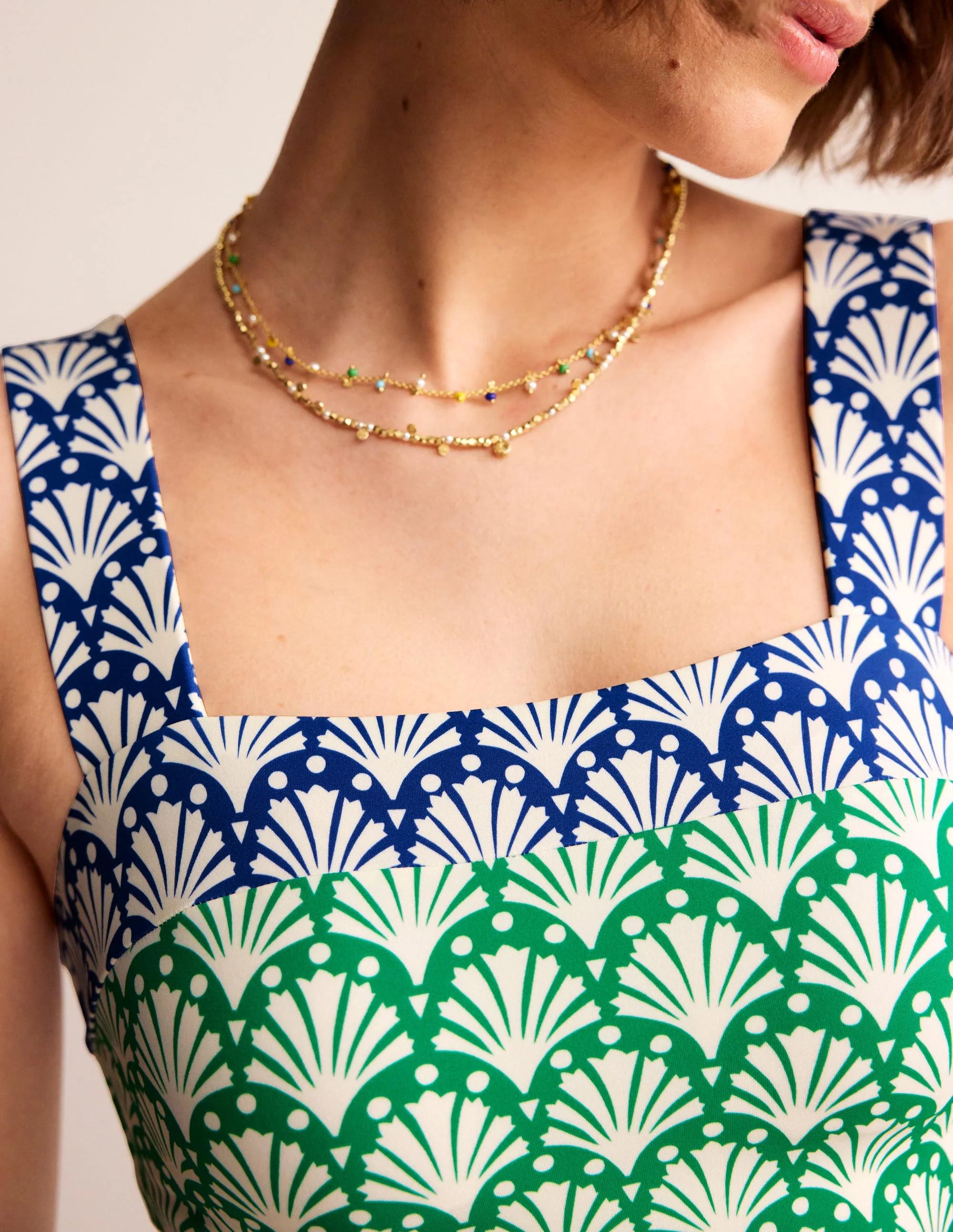 Square Neck Panel Swimsuit-Green Tambourine, Shells - Image 2