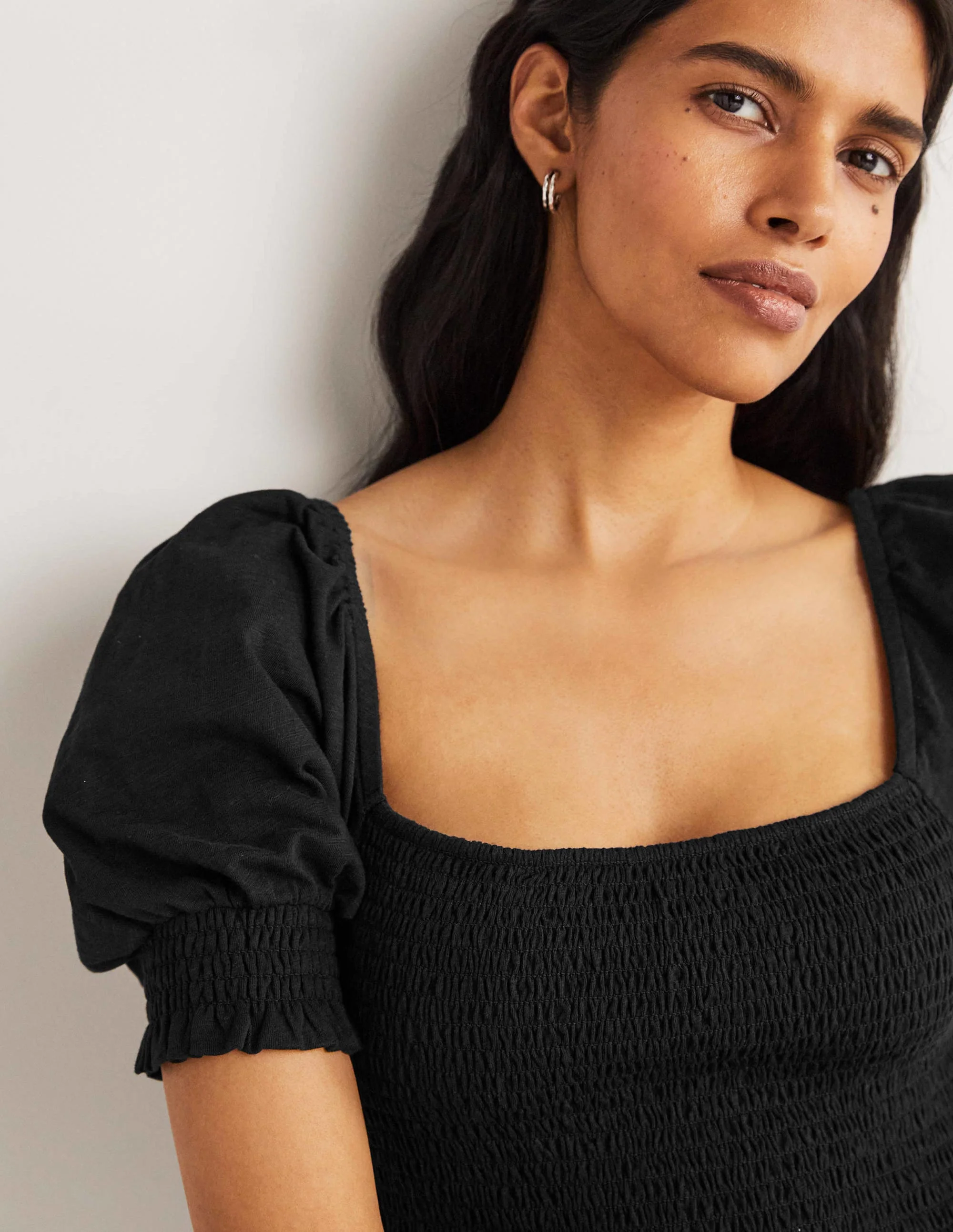 Square Neck Smocked Jersey Top-Black - Image 2