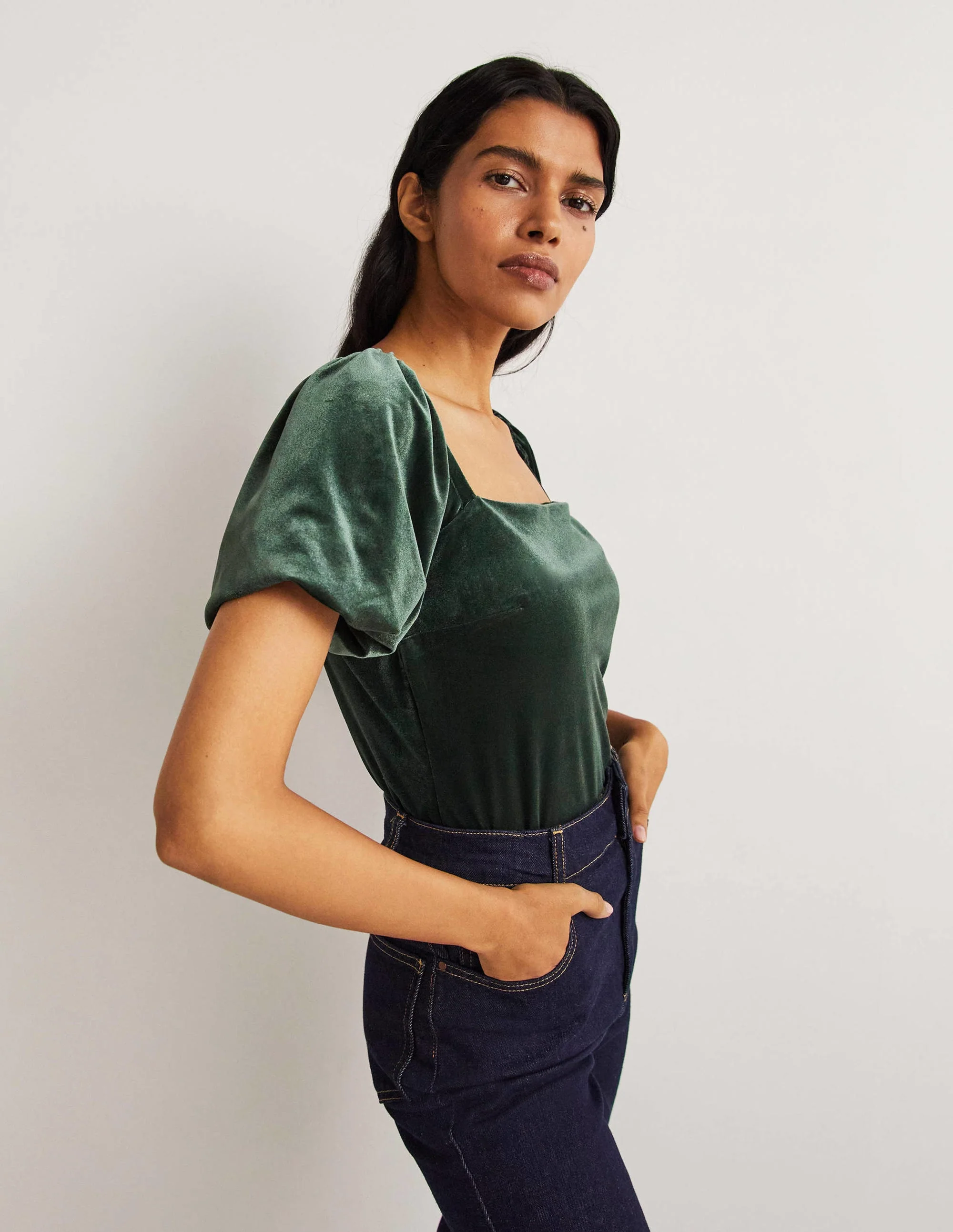 Square Neck Velvet Top-Onyx Green - Image 5
