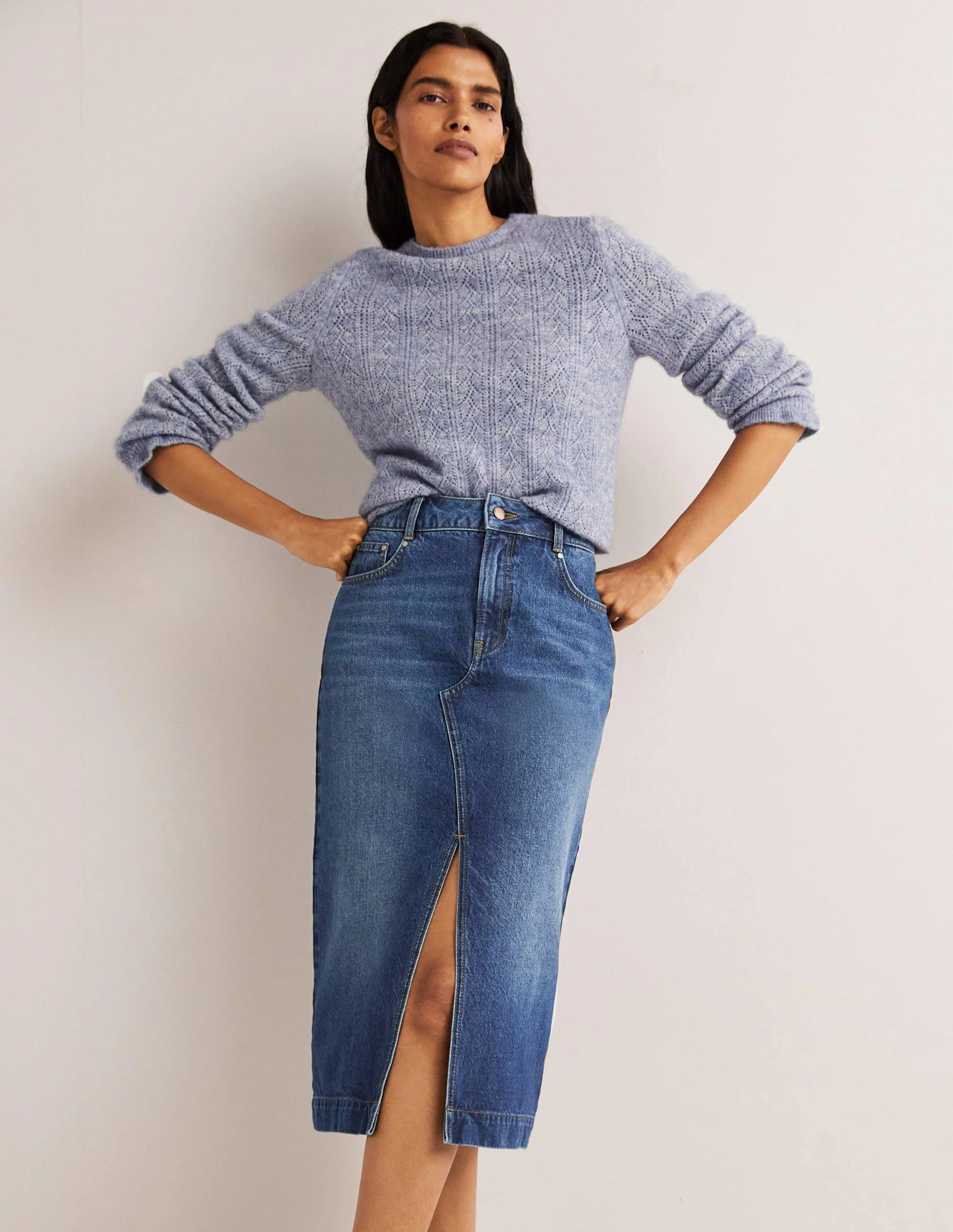 Straight Denim Midi Skirt-Light Vintage