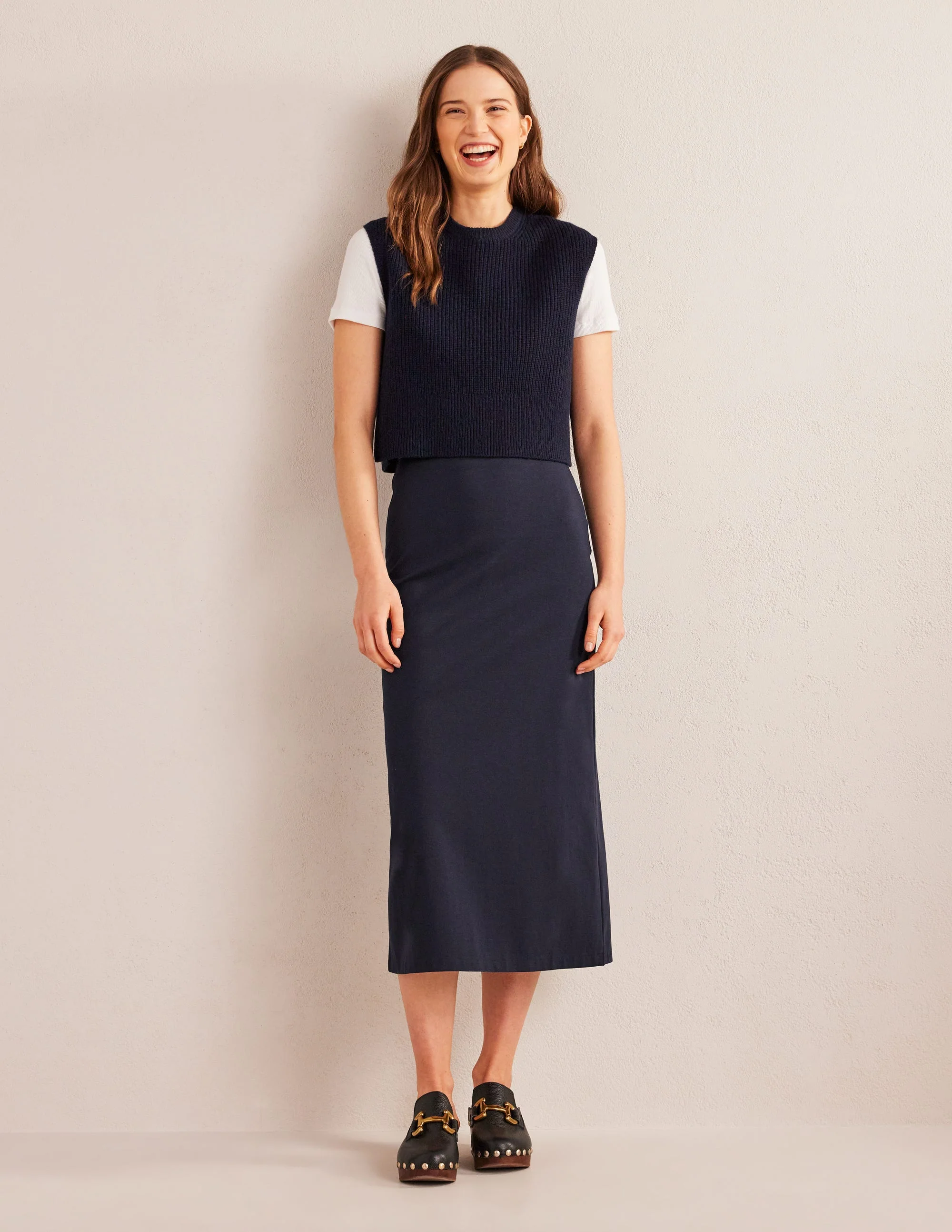 Straight Jersey Midi Skirt-Navy
