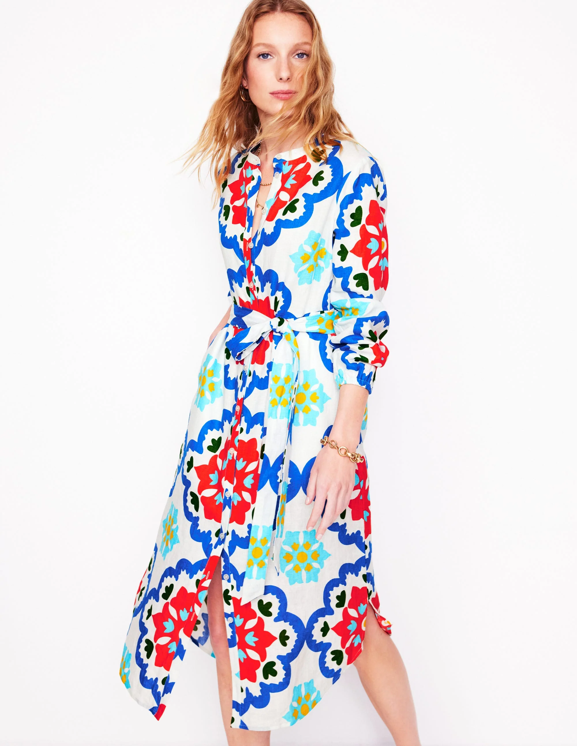 Straight Linen Shirt Dress-Ivory, Bloom Geo