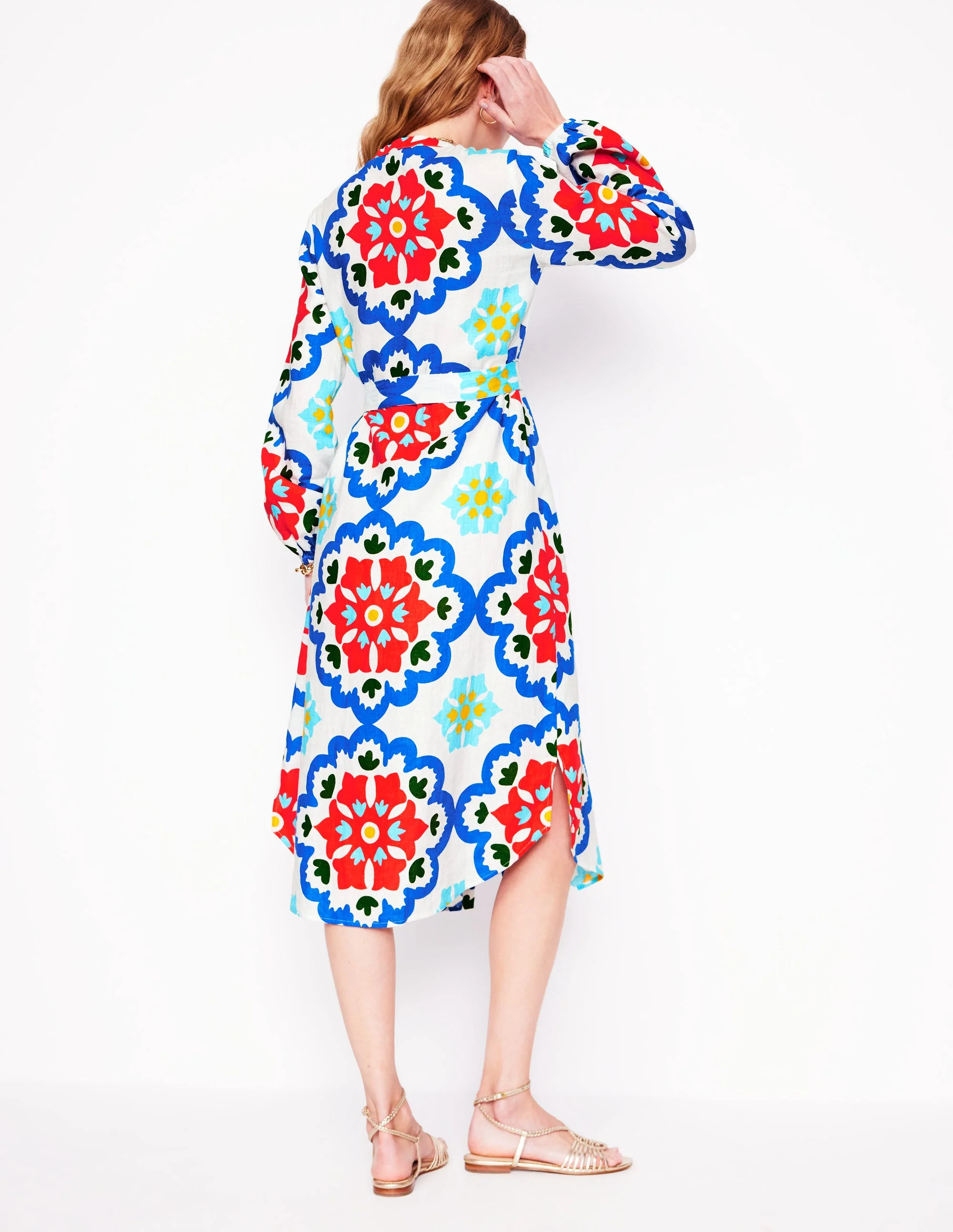 Straight Linen Shirt Dress-Ivory, Bloom Geo - Image 4