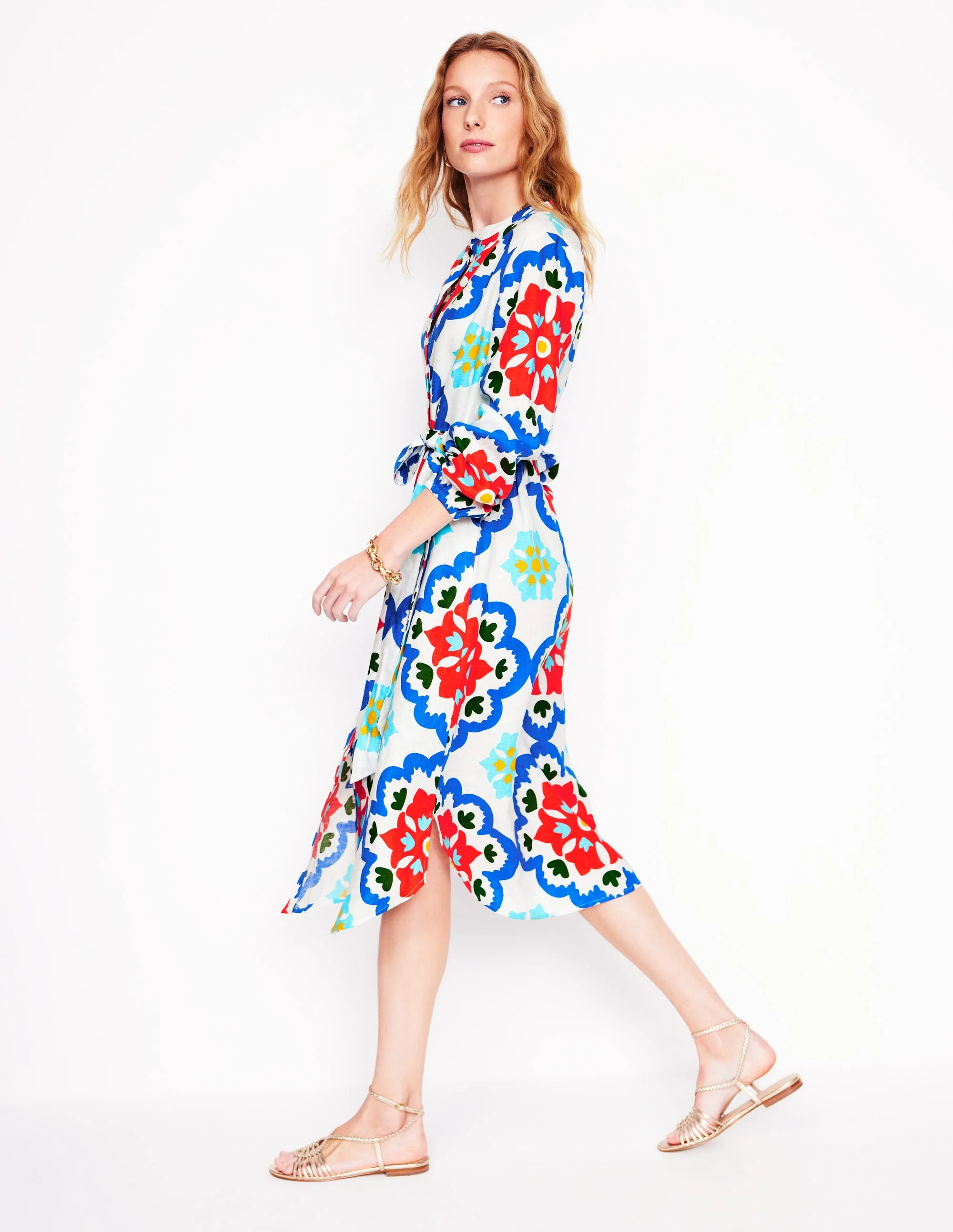 Straight Linen Shirt Dress-Ivory, Bloom Geo - Image 5