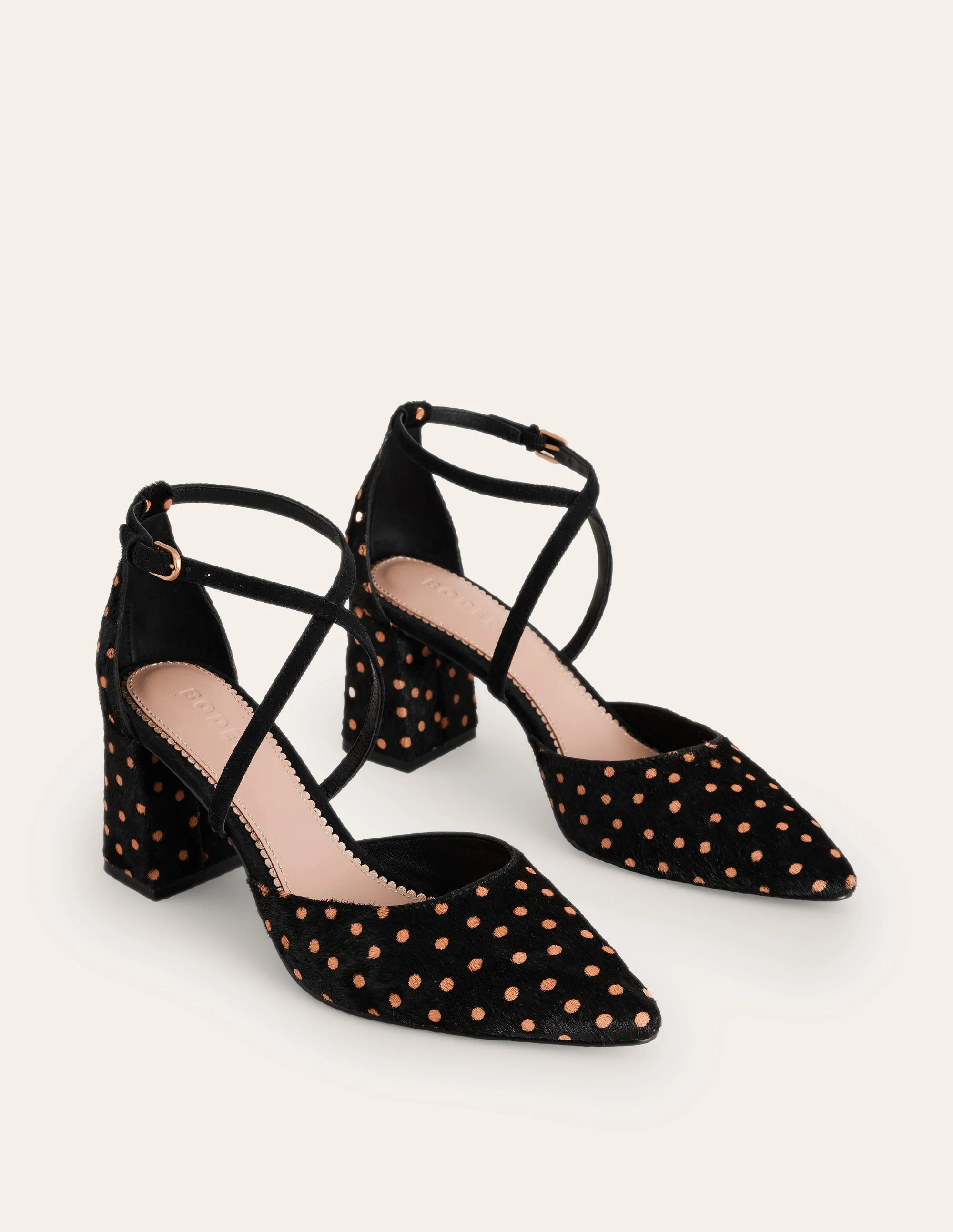 Strap Block Heel Point Courts-Black and Camel Spot - Image 3