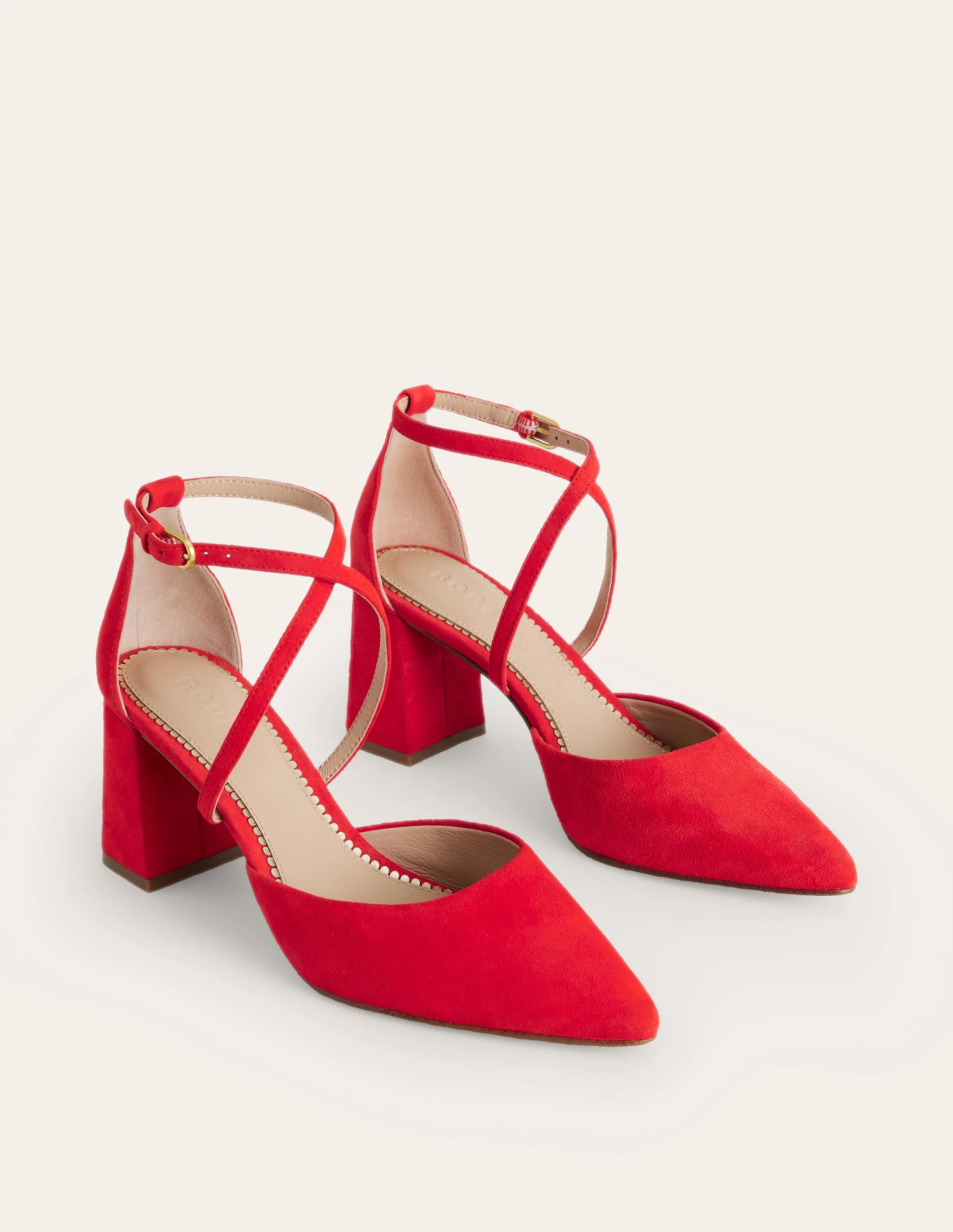 Strap Block Heel Point Courts-Red Suede - Image 3