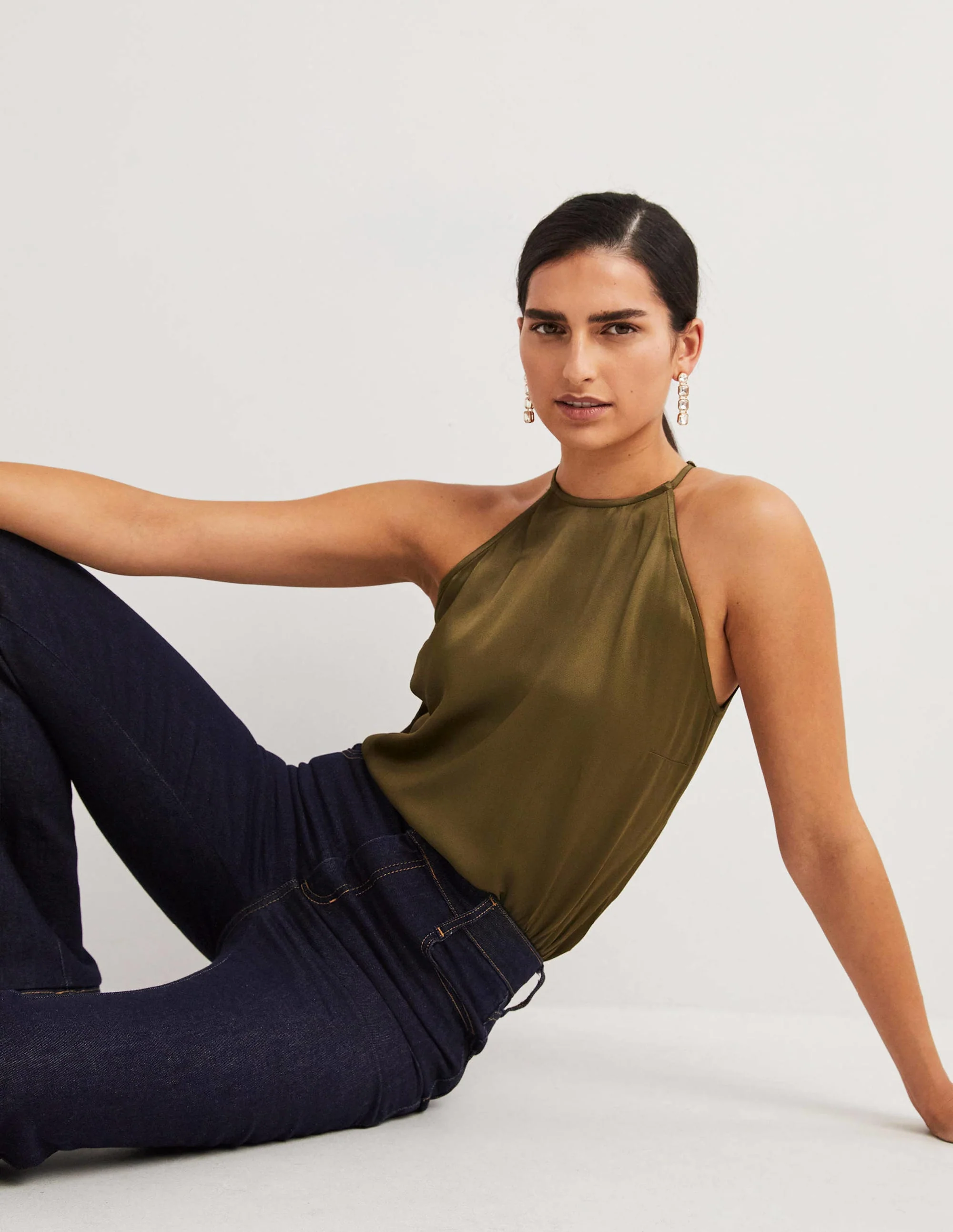 Strappy Halterneck Satin Top-Basil