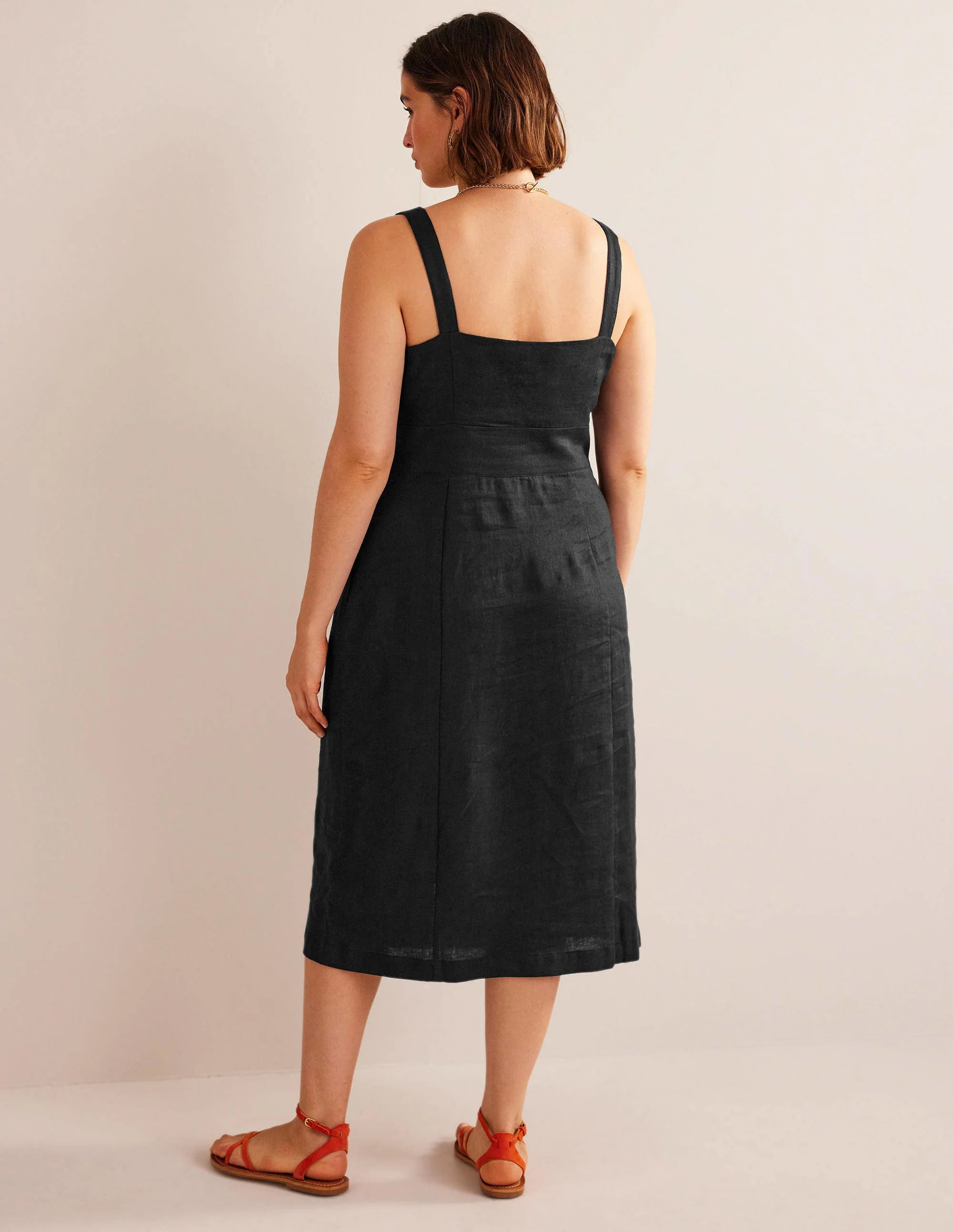 Strappy Linen Midi Dress-Black - Image 6