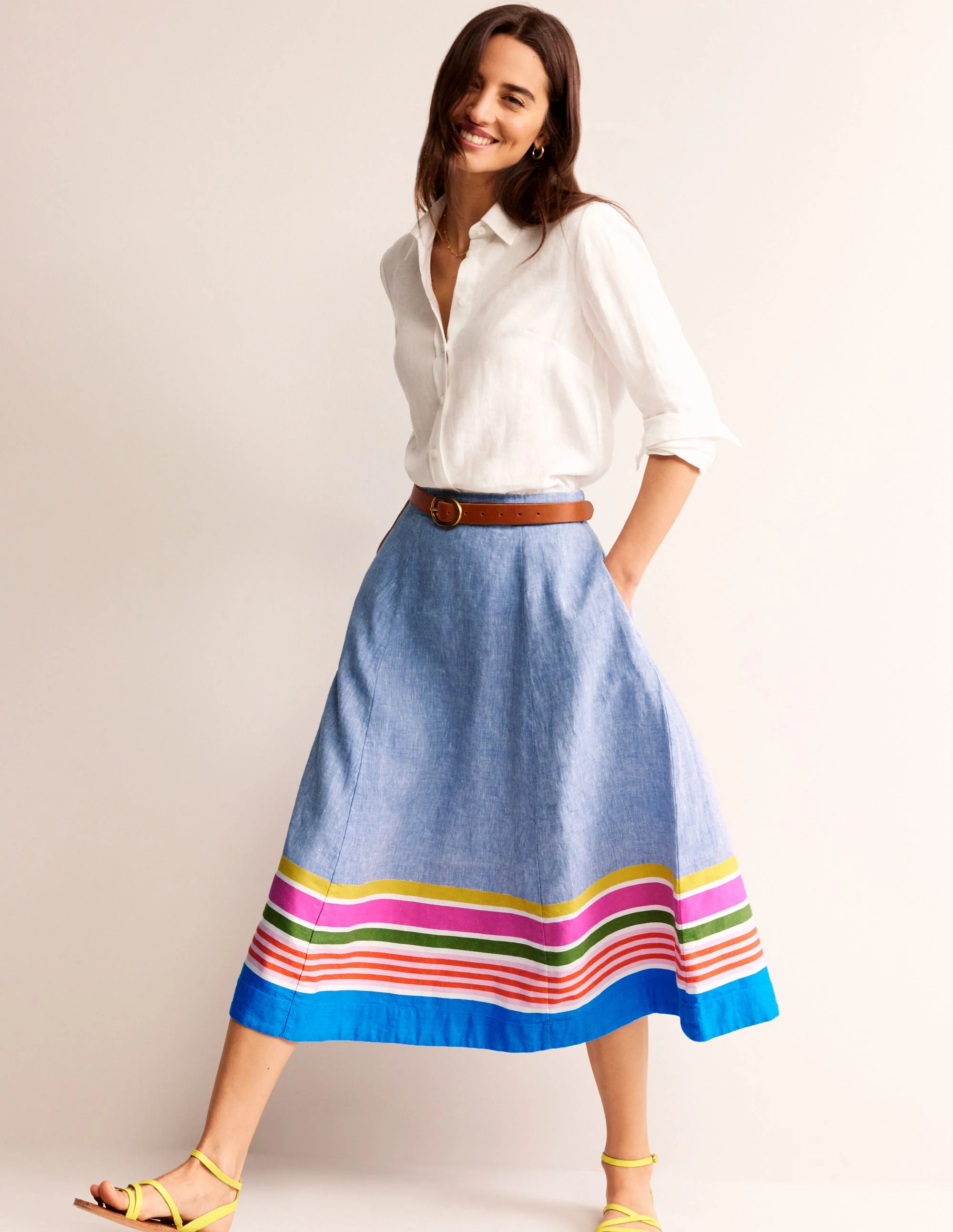 Stripe Hem Linen Skirt-Blue Multistripe