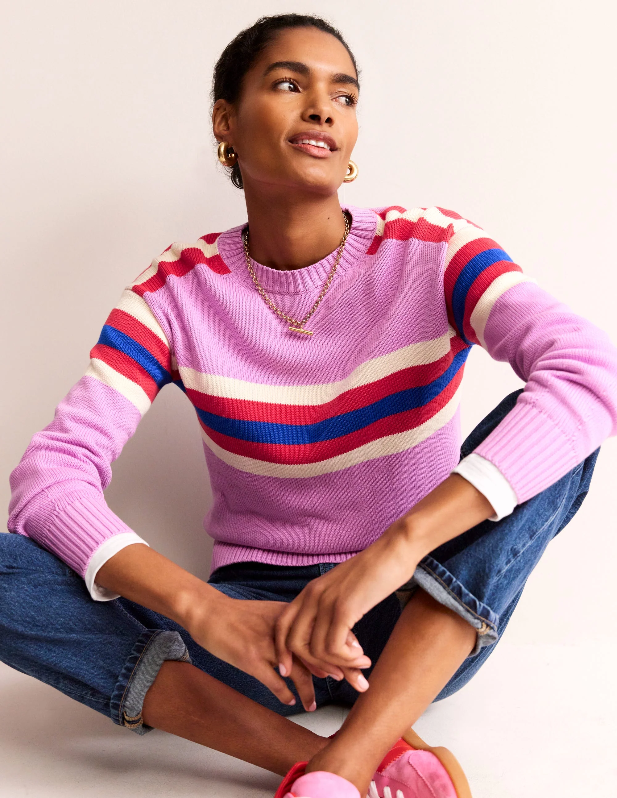 Stripe Knitted Sweater-Lilac, Warm Ivory, Red Stripe