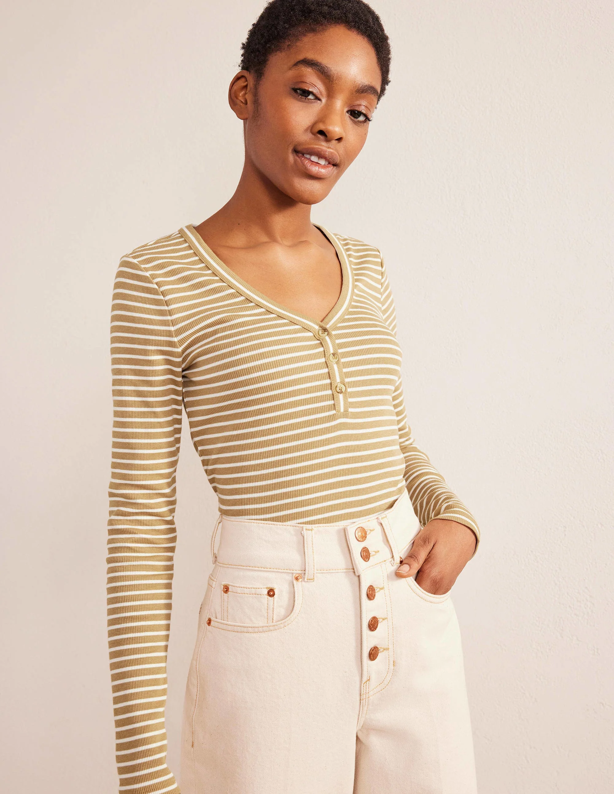 Stripe Ribbed Fitted Henley-Camel/Ivory Stripe - Image 4