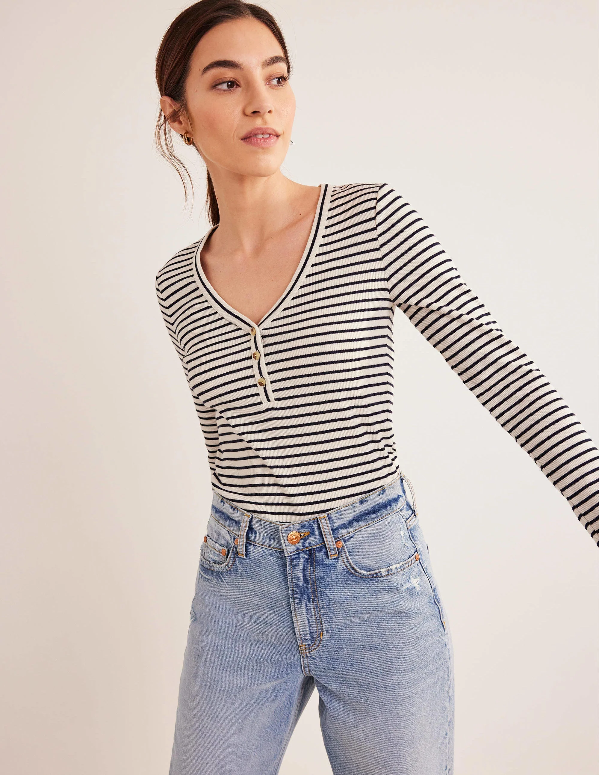 Stripe Ribbed Fitted Henley-Ivory/Navy Stripe