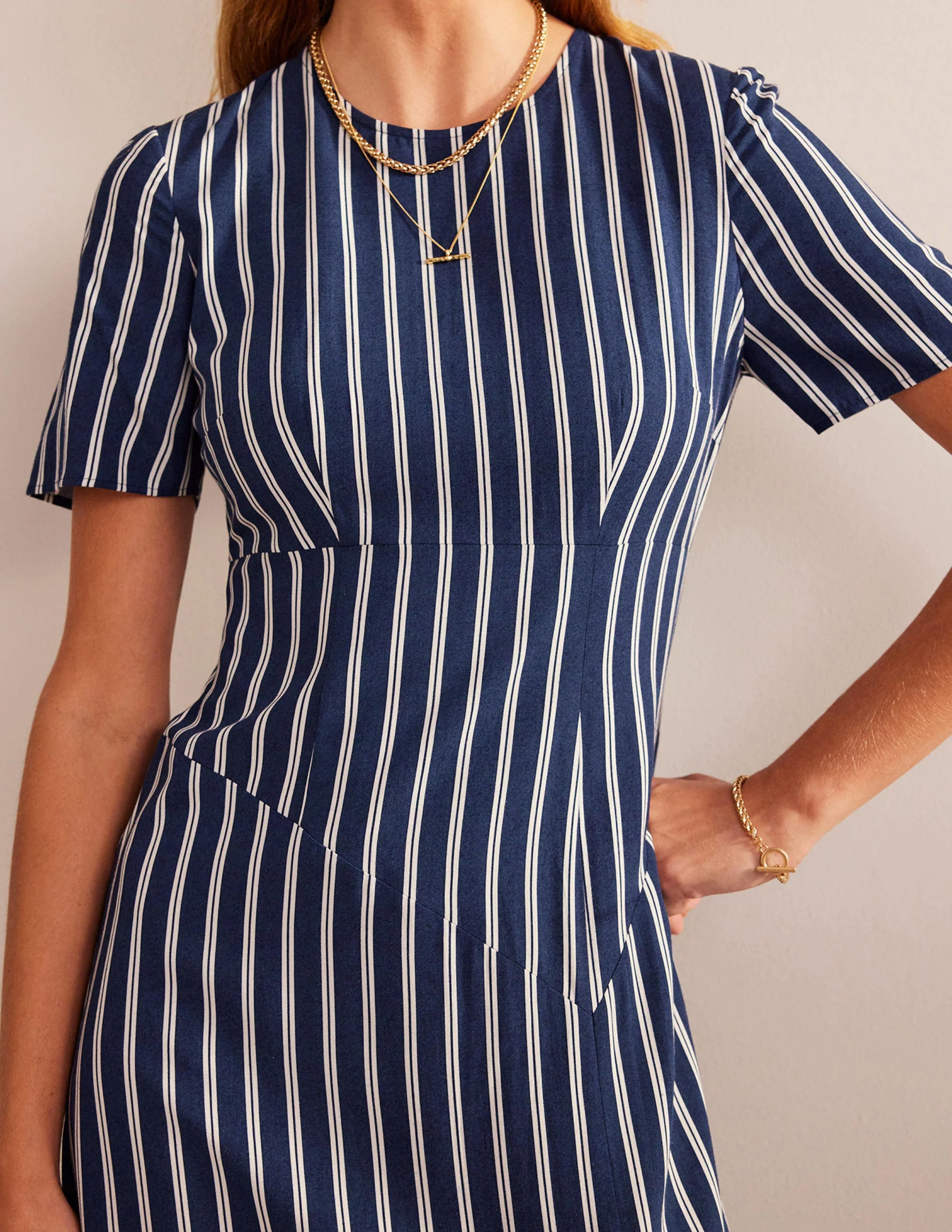 Striped Asymmetric Midi Dress-Navy and Ivory Vertical Stripe - Image 2