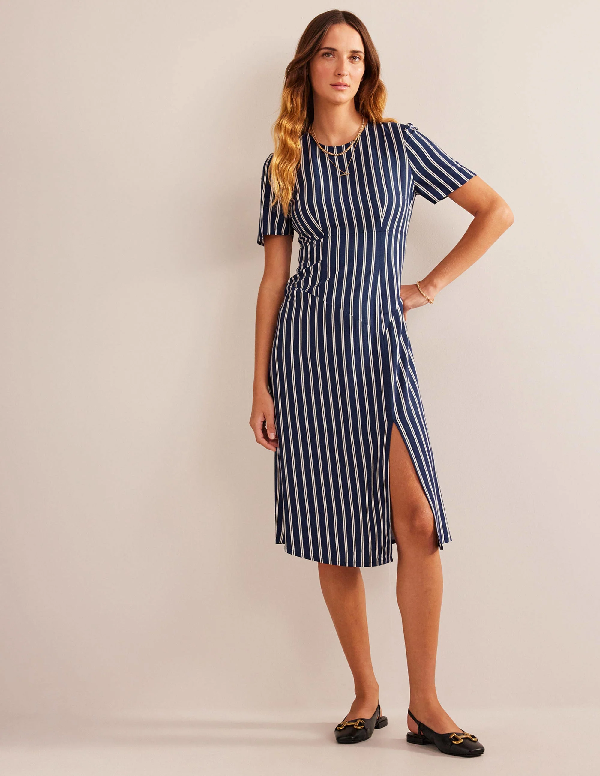 Striped Asymmetric Midi Dress-Navy and Ivory Vertical Stripe - Image 4