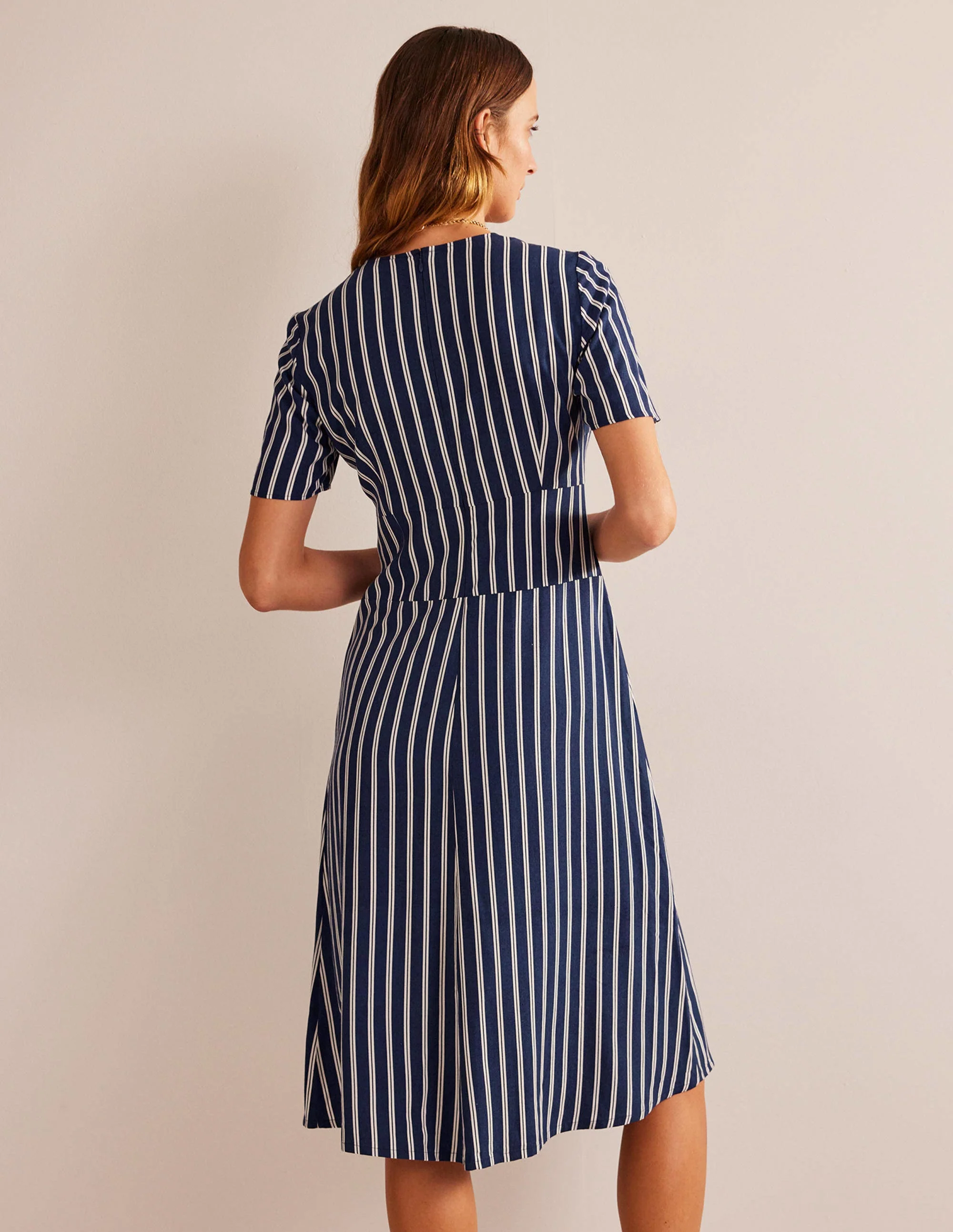 Striped Asymmetric Midi Dress-Navy and Ivory Vertical Stripe - Image 6