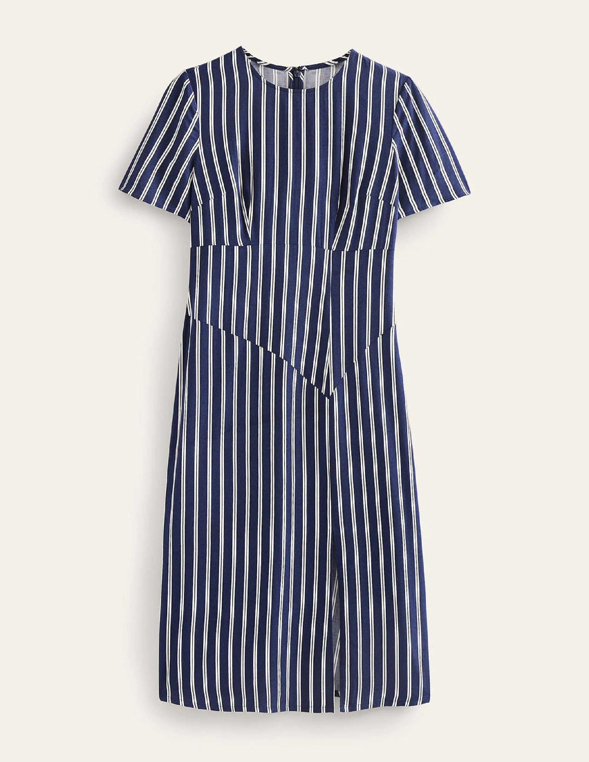 Striped Asymmetric Midi Dress-Navy and Ivory Vertical Stripe - Image 9