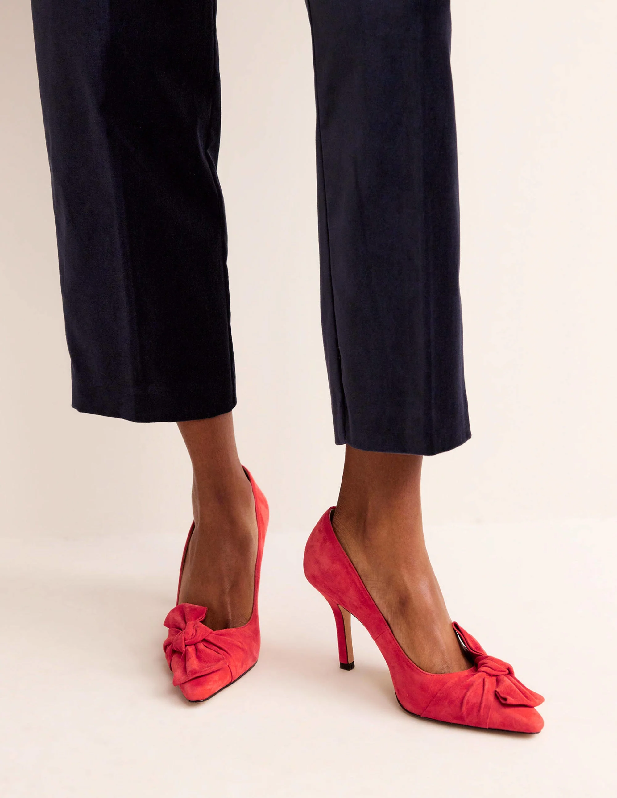 Suede-Bow Heeled Courts-Red Suede