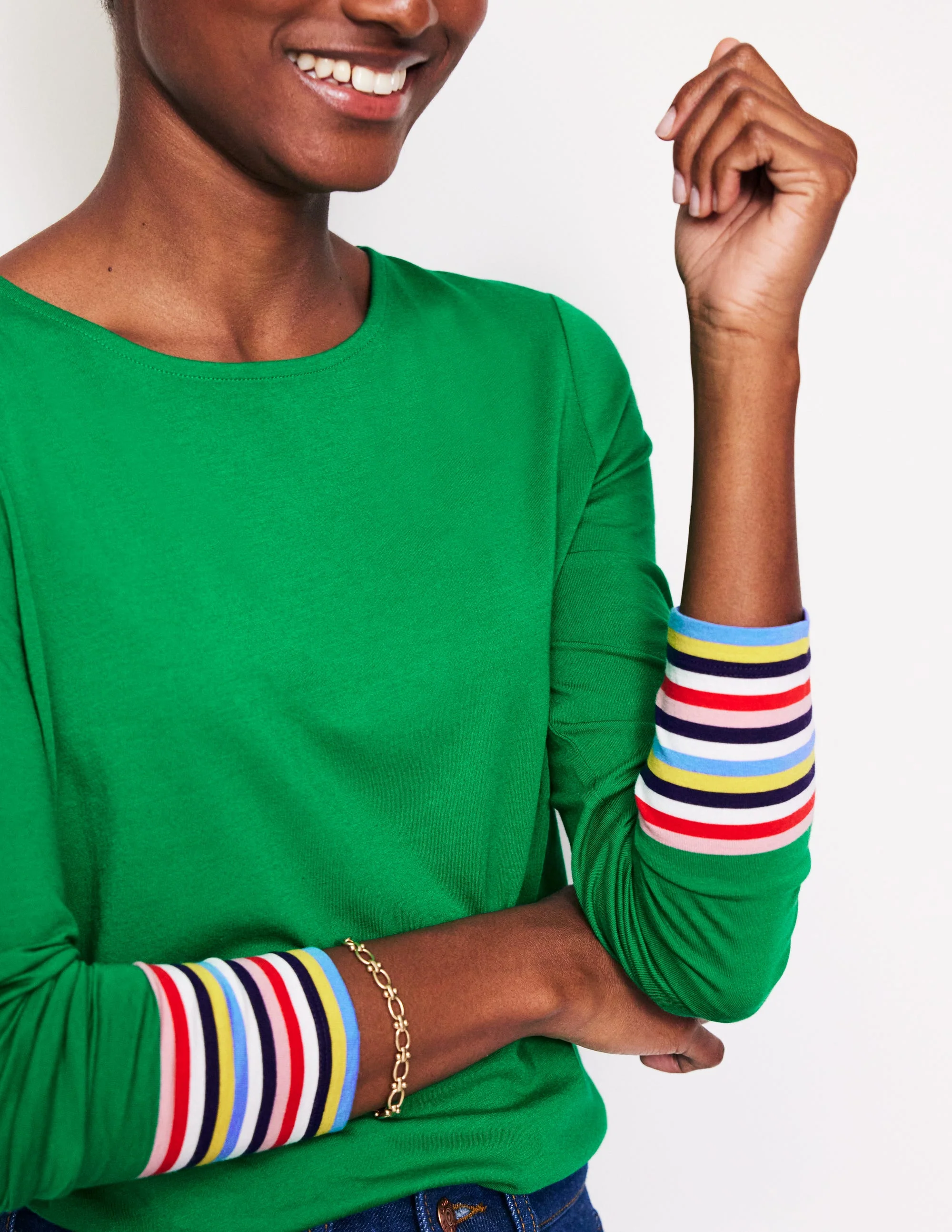 Supersoft Crew Neck Top-Green Multi Cuff Stripe - Image 2