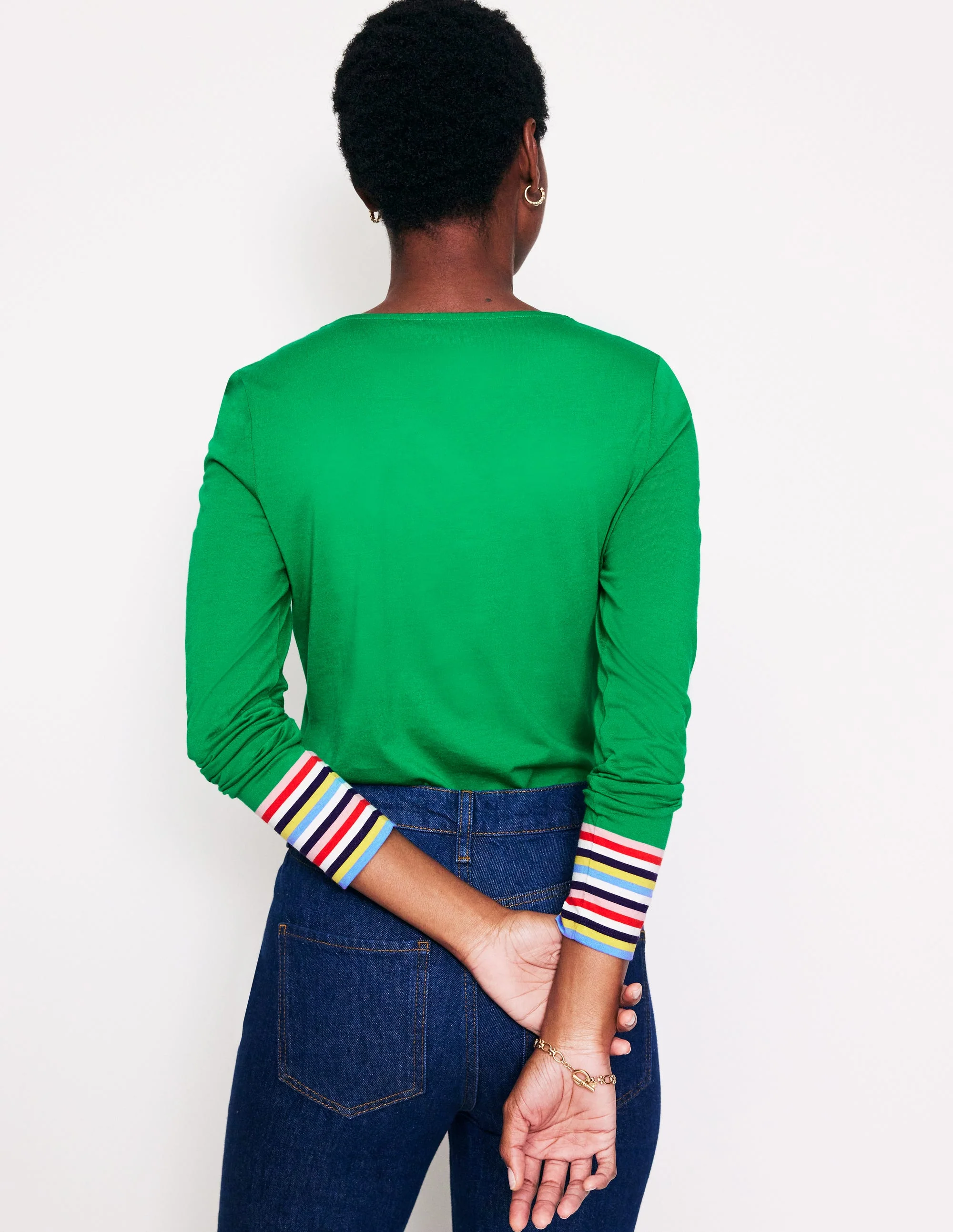 Supersoft Crew Neck Top-Green Multi Cuff Stripe - Image 3