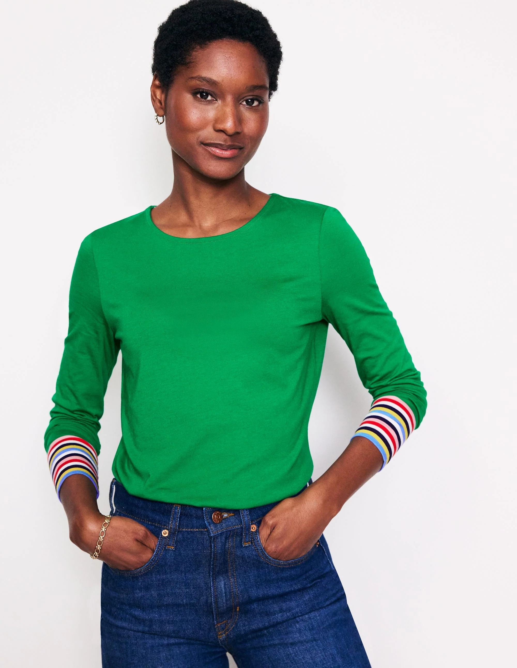 Supersoft Crew Neck Top-Green Multi Cuff Stripe - Image 4