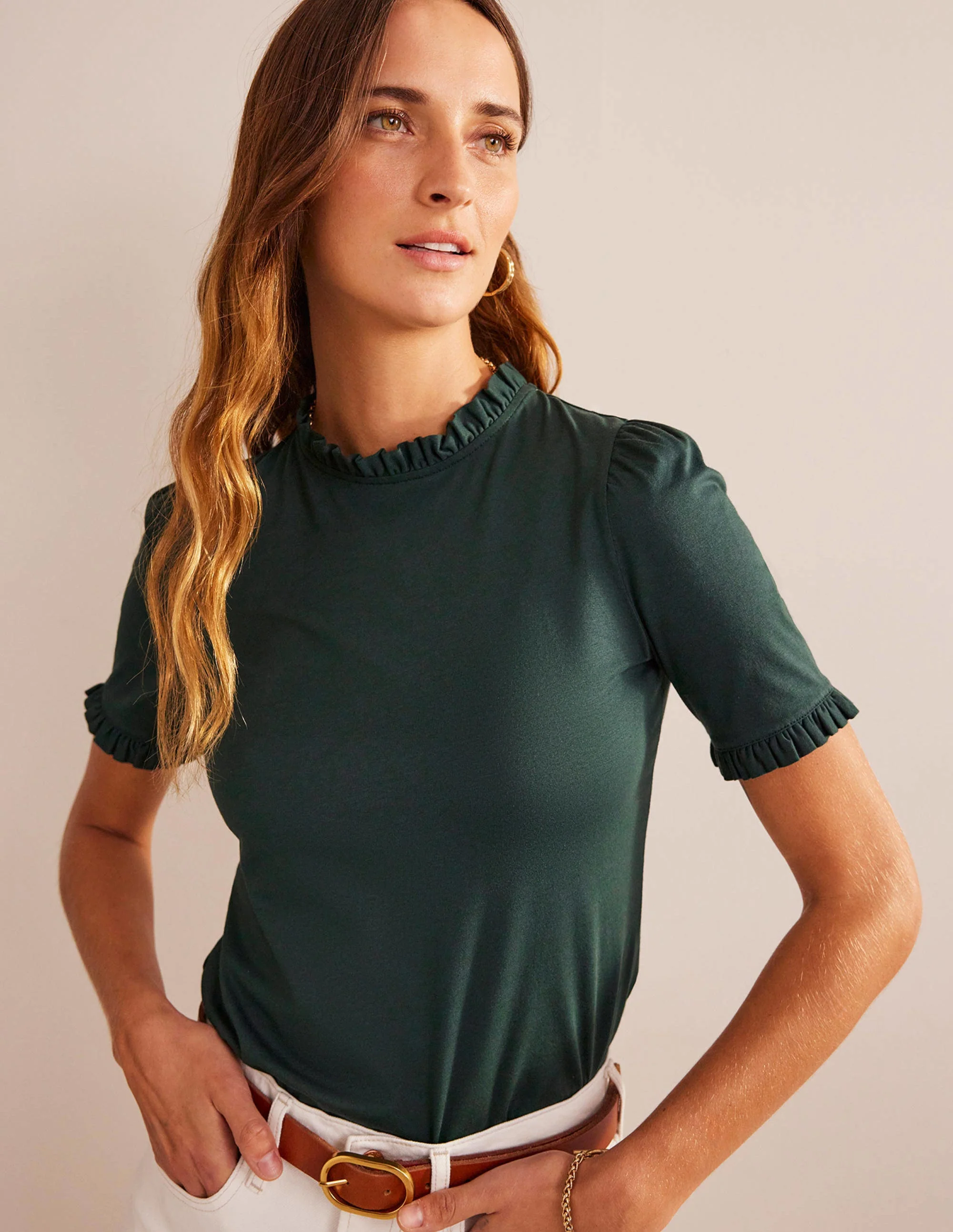 Supersoft Frill Detail T-shirt-Chatsworth Green